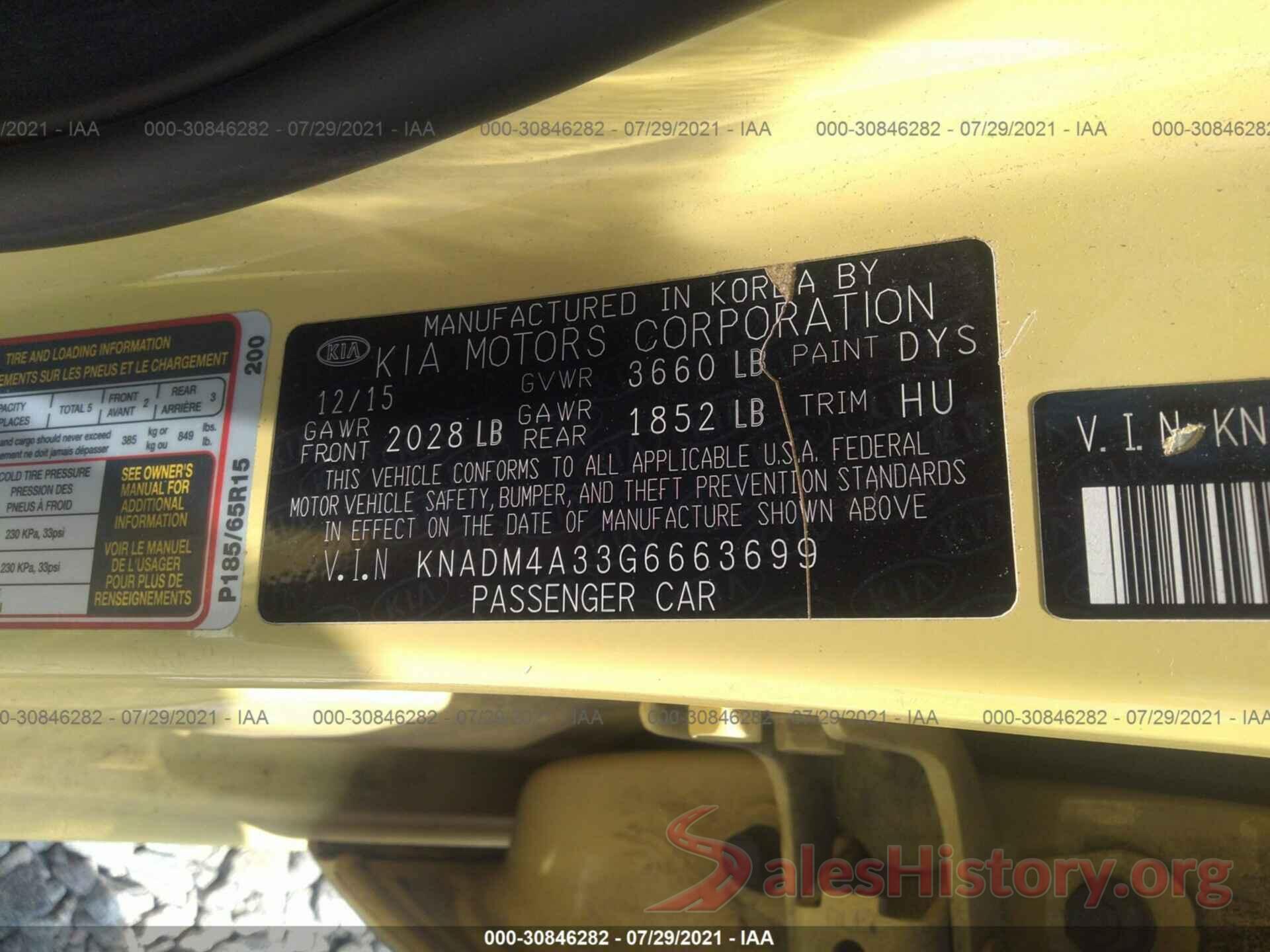 KNADM4A33G6663699 2016 KIA RIO