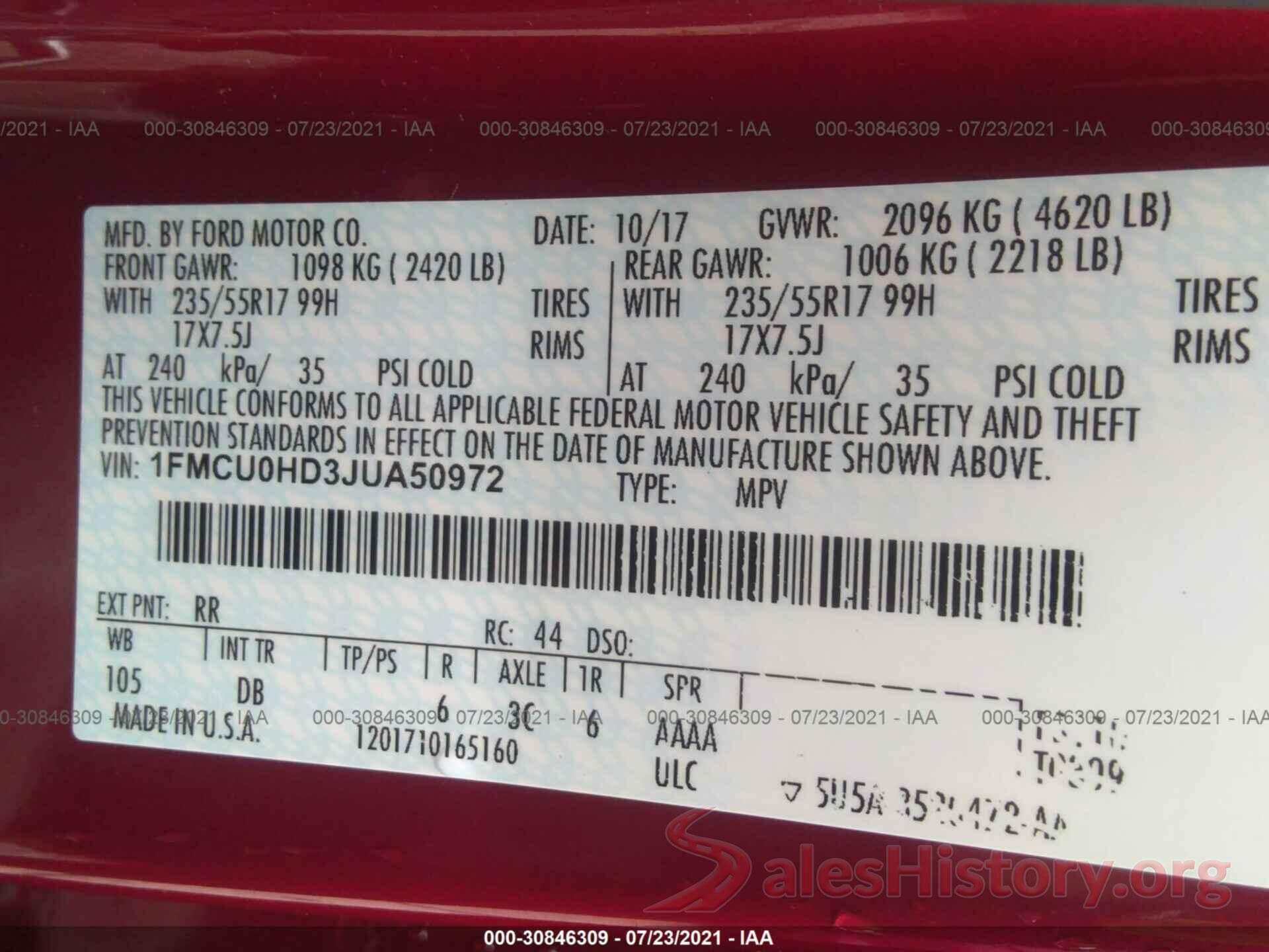 1FMCU0HD3JUA50972 2018 FORD ESCAPE