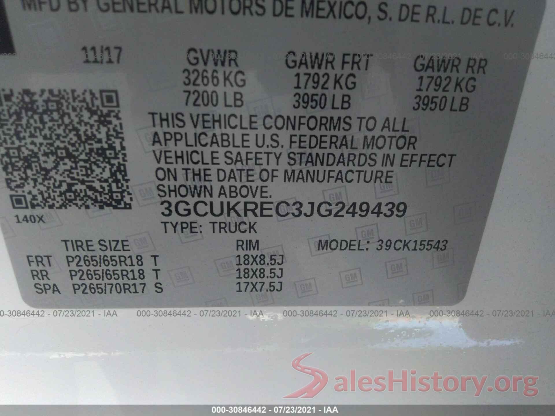 3GCUKREC3JG249439 2018 CHEVROLET SILVERADO 1500