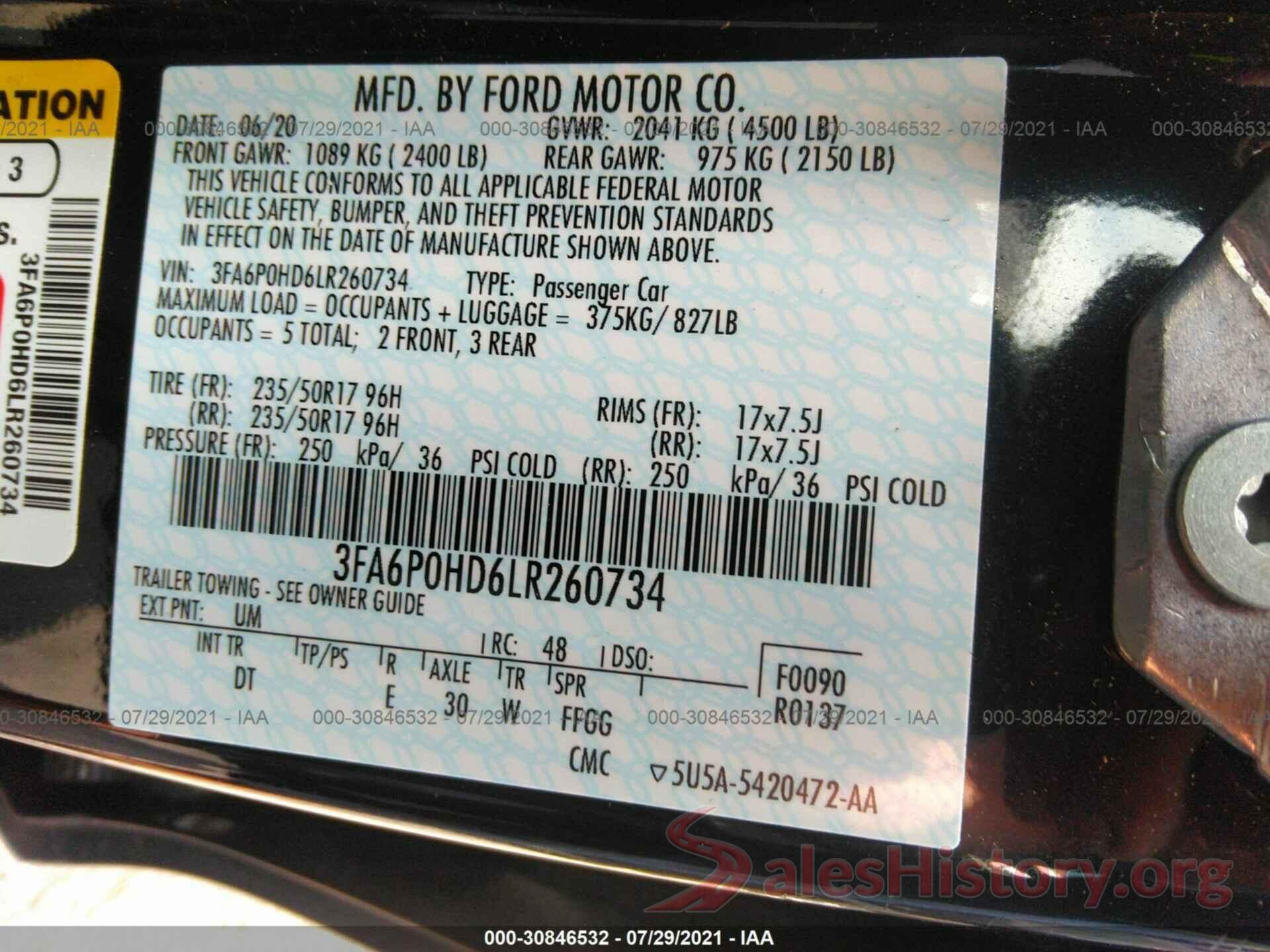 3FA6P0HD6LR260734 2020 FORD FUSION