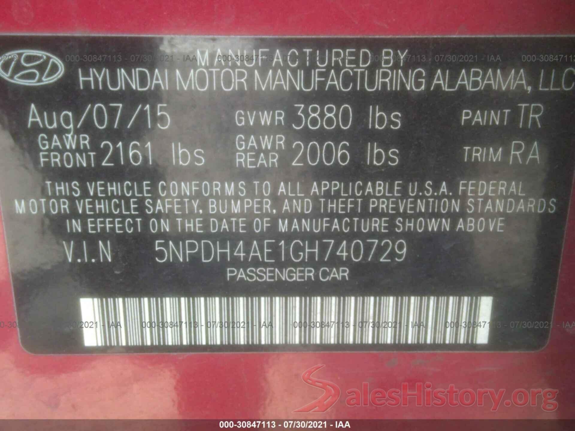 5NPDH4AE1GH740729 2016 HYUNDAI ELANTRA