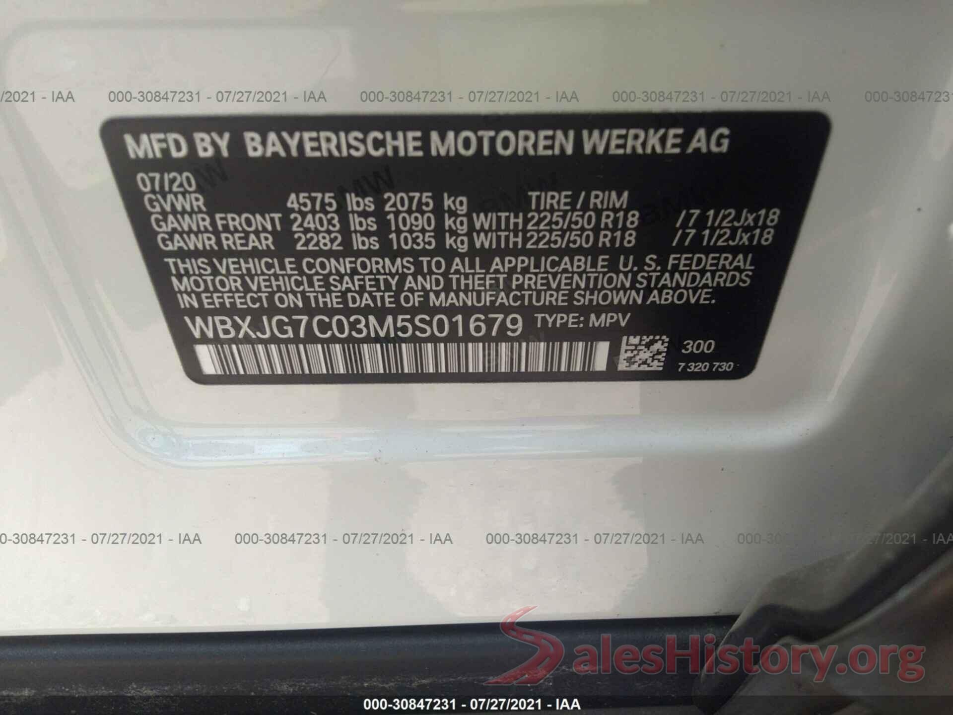 WBXJG7C03M5S01679 2021 BMW X1