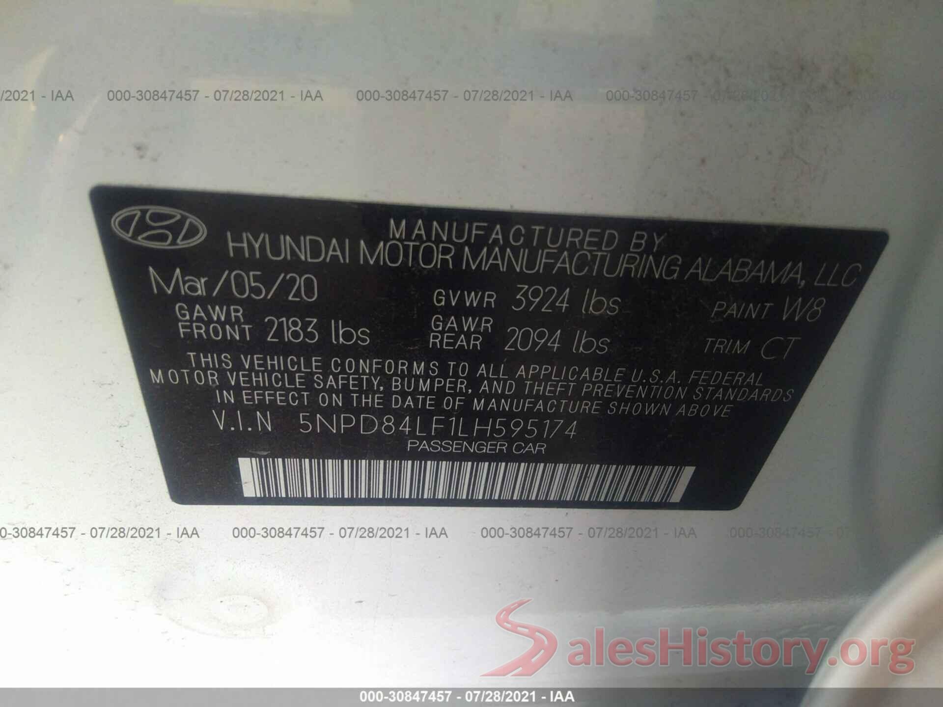 5NPD84LF1LH595174 2020 HYUNDAI ELANTRA