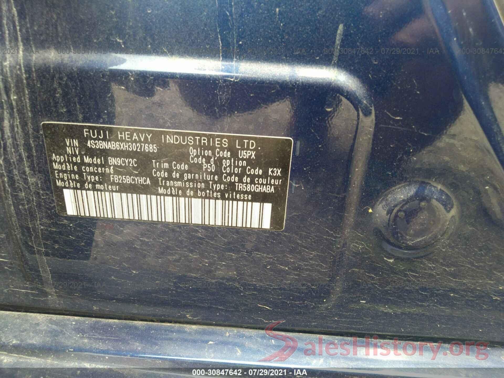 4S3BNAB6XH3027685 2017 SUBARU LEGACY