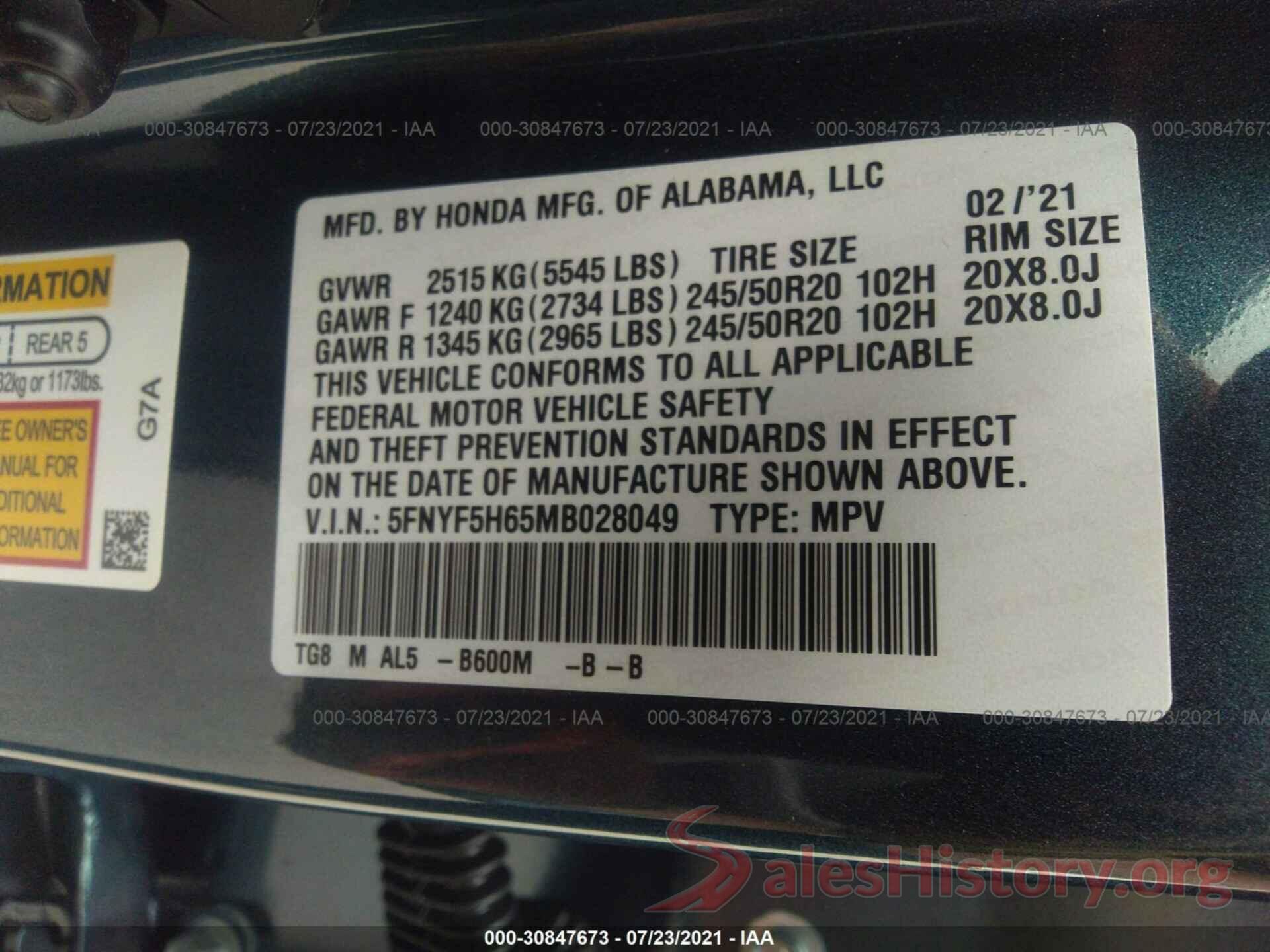 5FNYF5H65MB028049 2021 HONDA PILOT