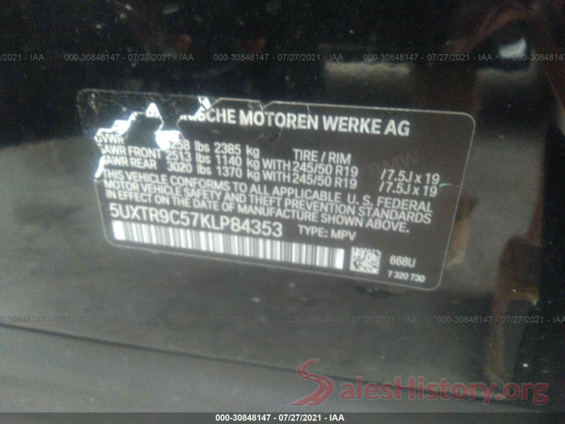 5UXTR9C57KLP84353 2019 BMW X3