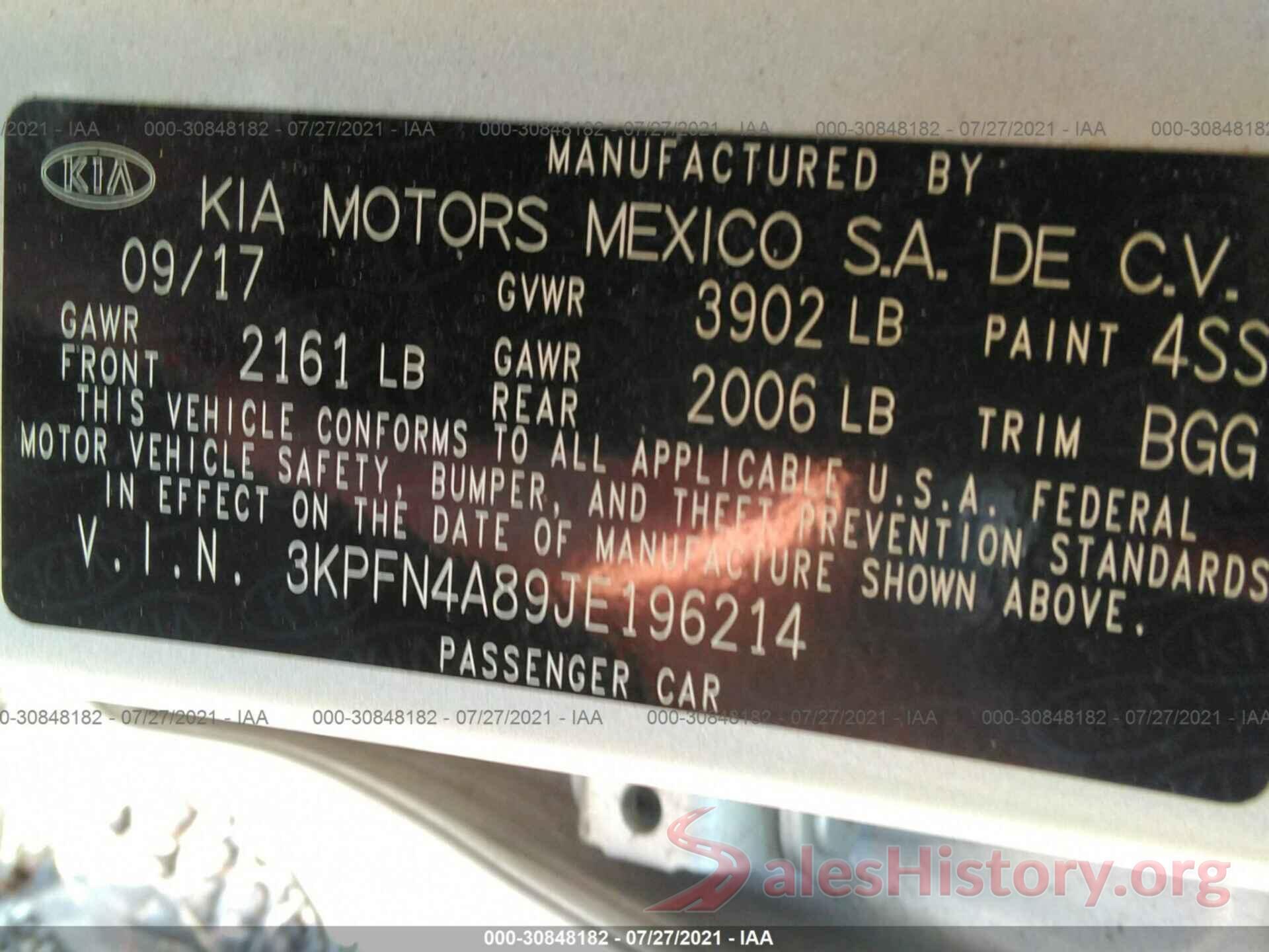 3KPFN4A89JE196214 2018 KIA FORTE