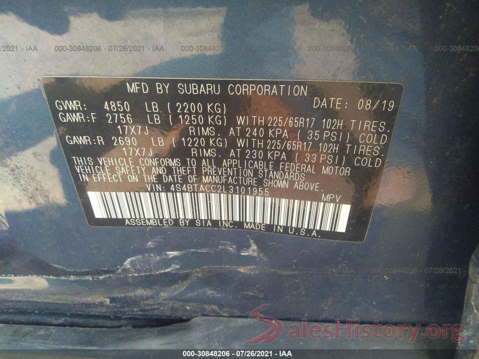 4S4BTACC2L3101955 2020 SUBARU OUTBACK