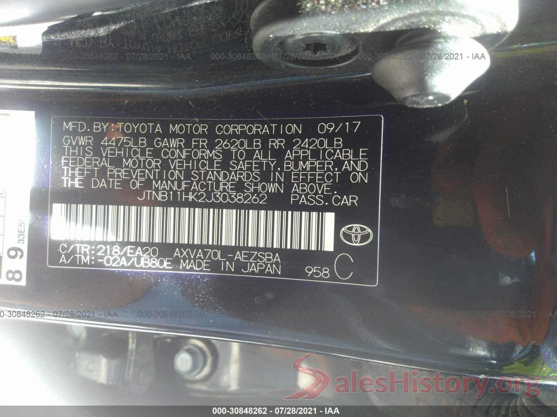 JTNB11HK2J3038262 2018 TOYOTA CAMRY