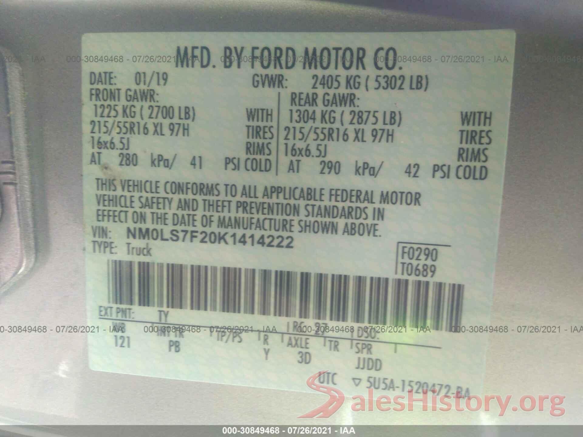 NM0LS7F20K1414222 2019 FORD TRANSIT CONNECT VAN