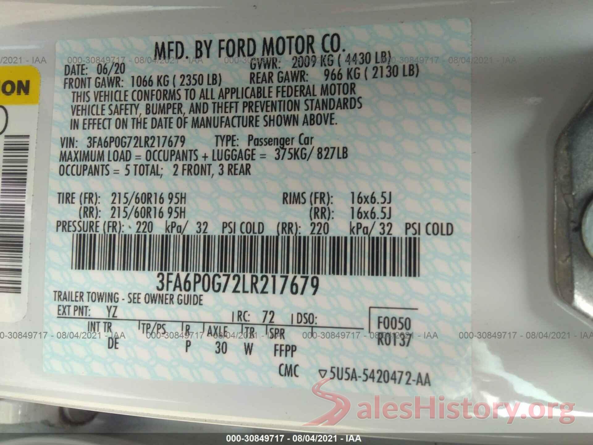 3FA6P0G72LR217679 2020 FORD FUSION