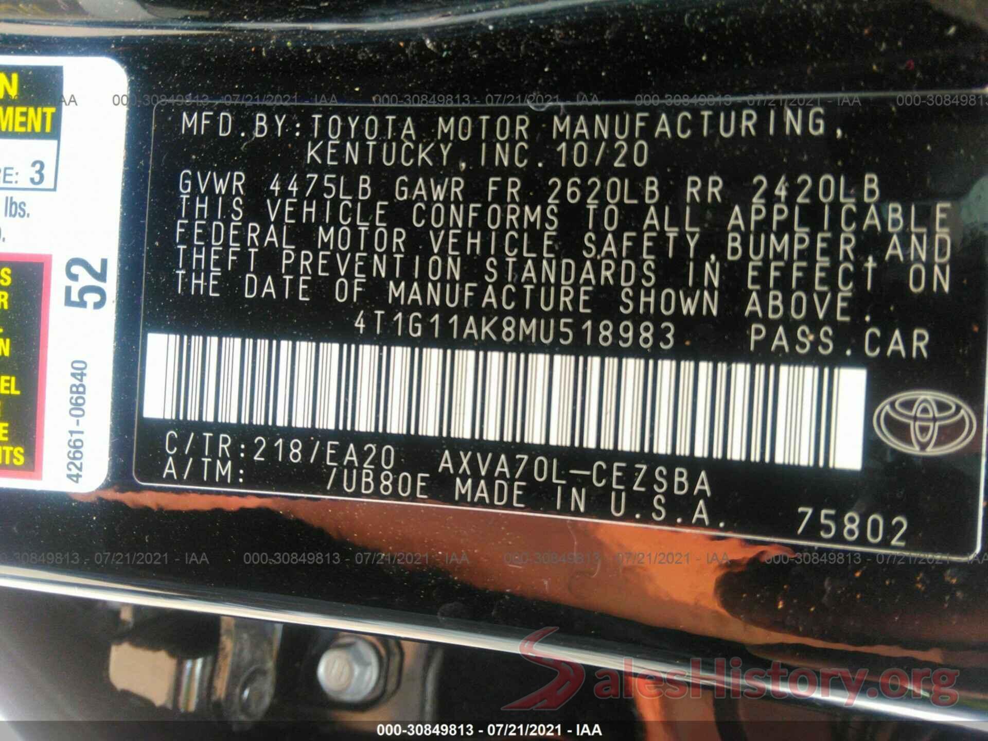 4T1G11AK8MU518983 2021 TOYOTA CAMRY