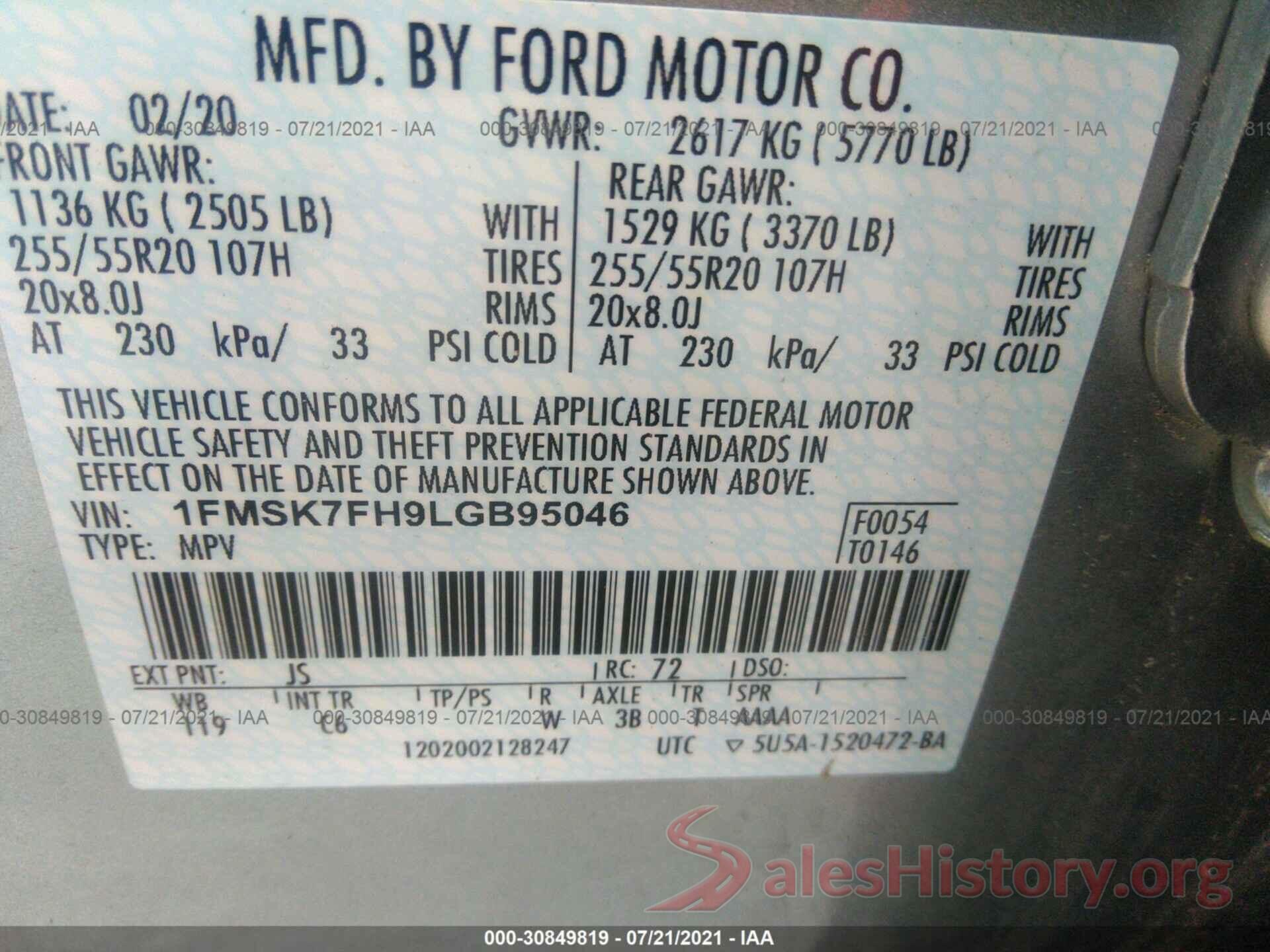 1FMSK7FH9LGB95046 2020 FORD EXPLORER