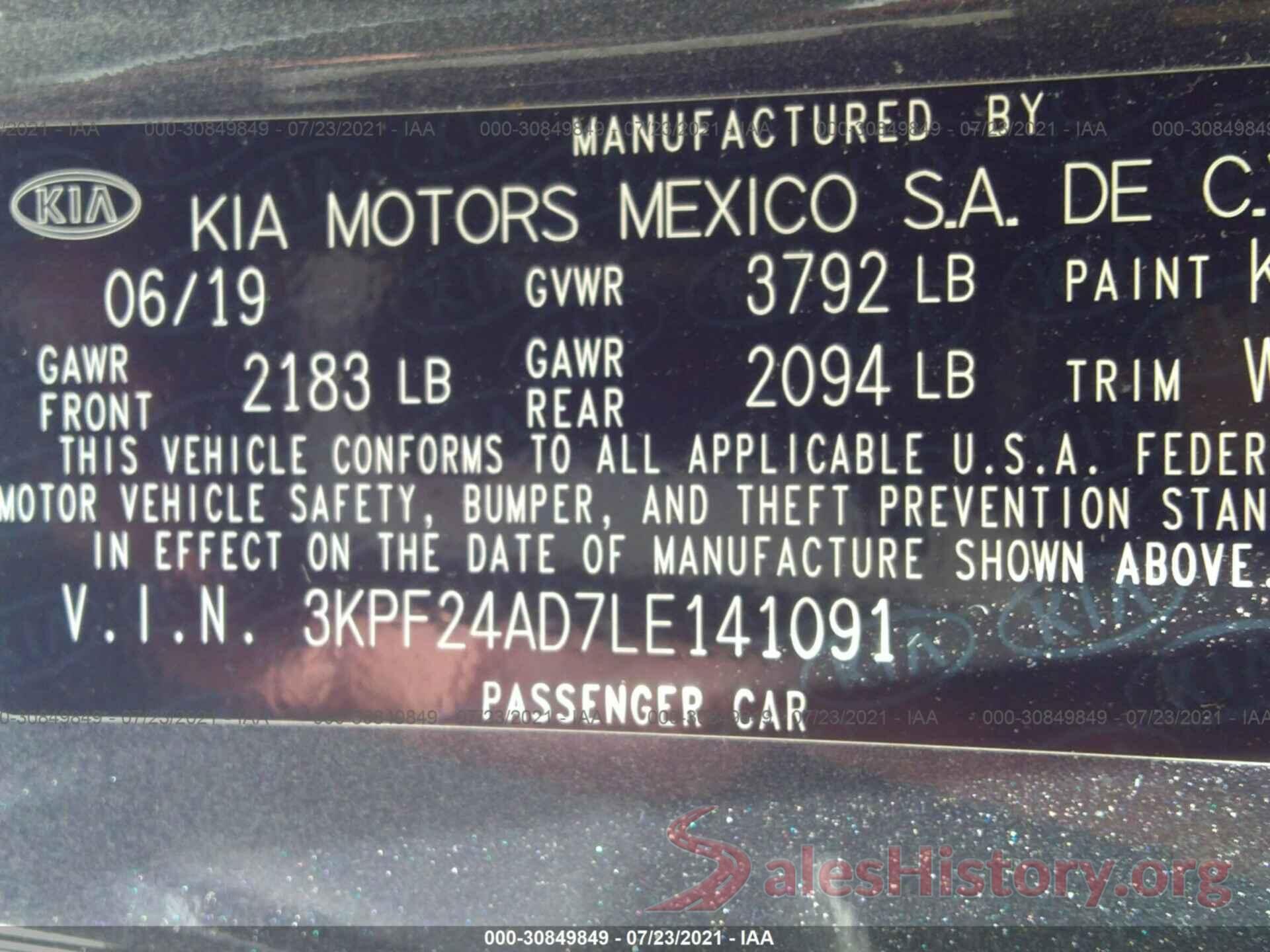 3KPF24AD7LE141091 2020 KIA FORTE