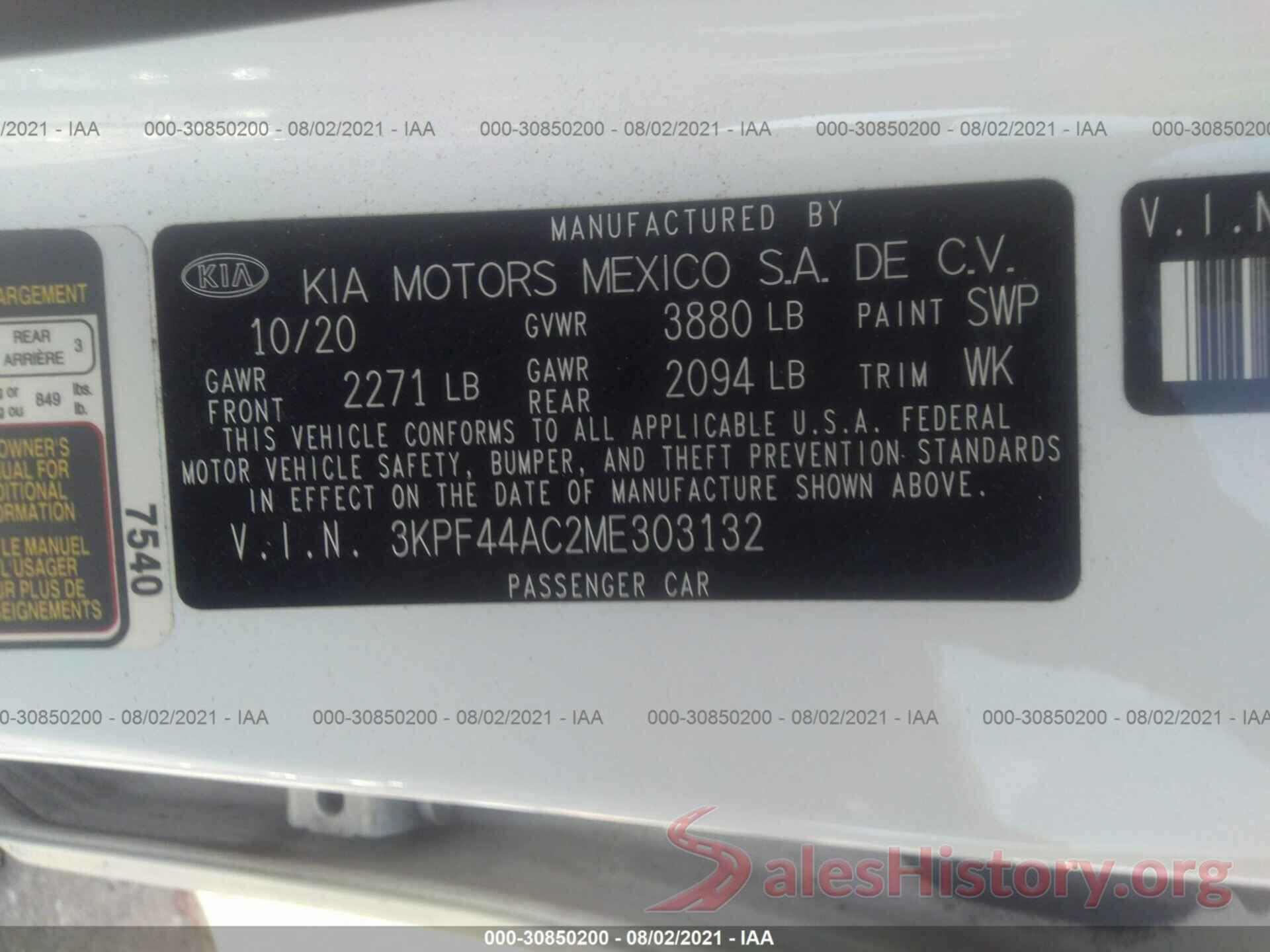 3KPF44AC2ME303132 2021 KIA FORTE