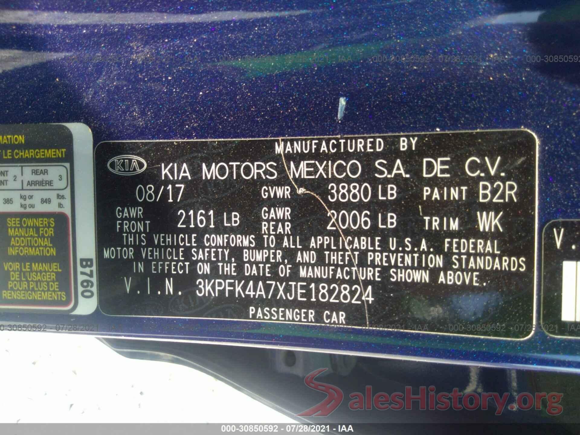 3KPFK4A7XJE182824 2018 KIA FORTE