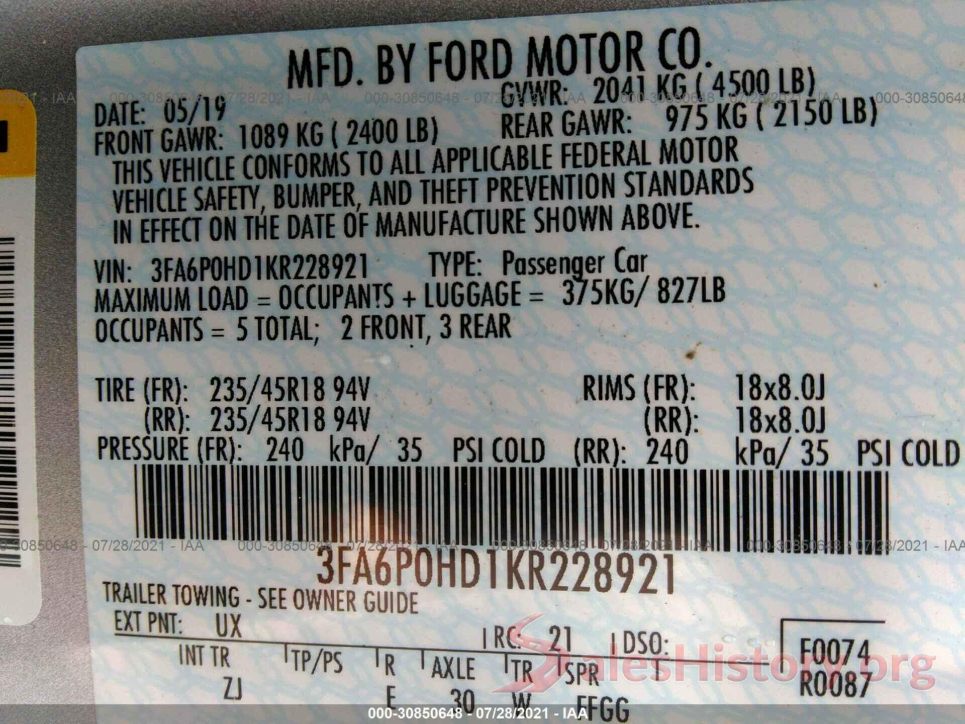 3FA6P0HD1KR228921 2019 FORD FUSION