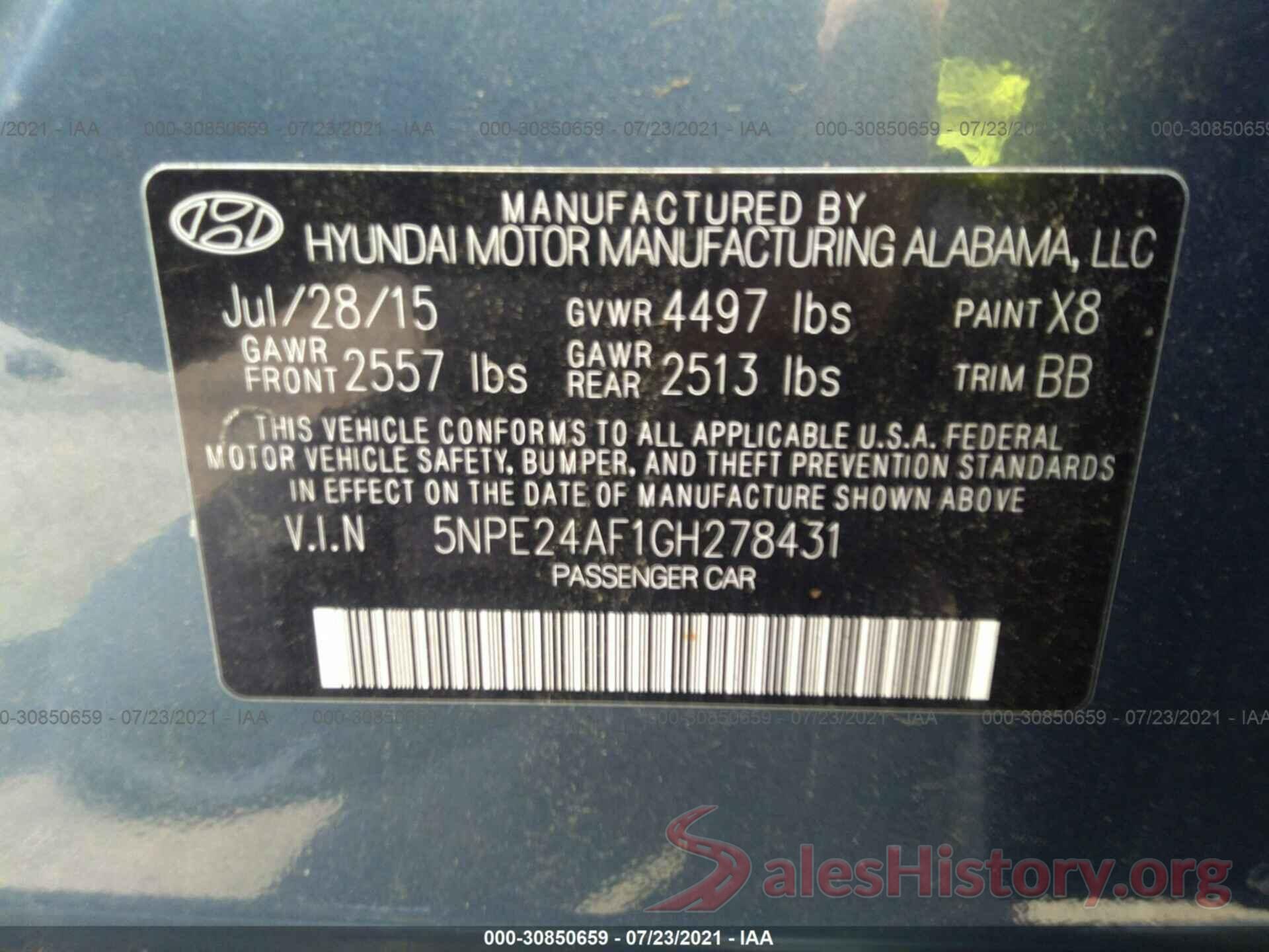 5NPE24AF1GH278431 2016 HYUNDAI SONATA