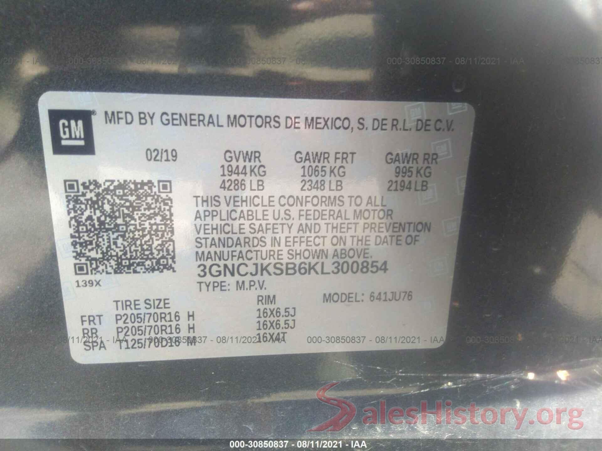 3GNCJKSB6KL300854 2019 CHEVROLET TRAX