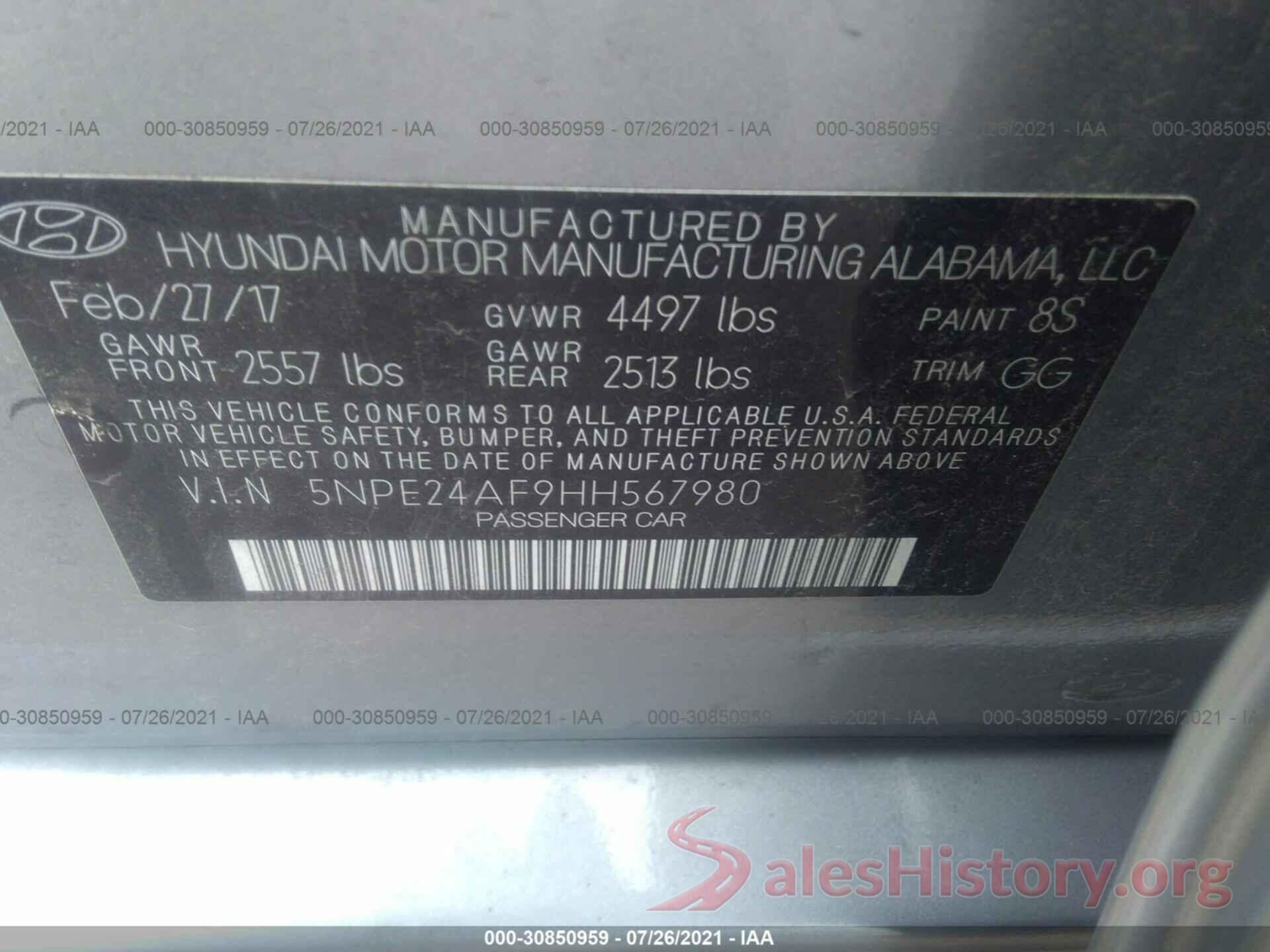 5NPE24AF9HH567980 2017 HYUNDAI SONATA