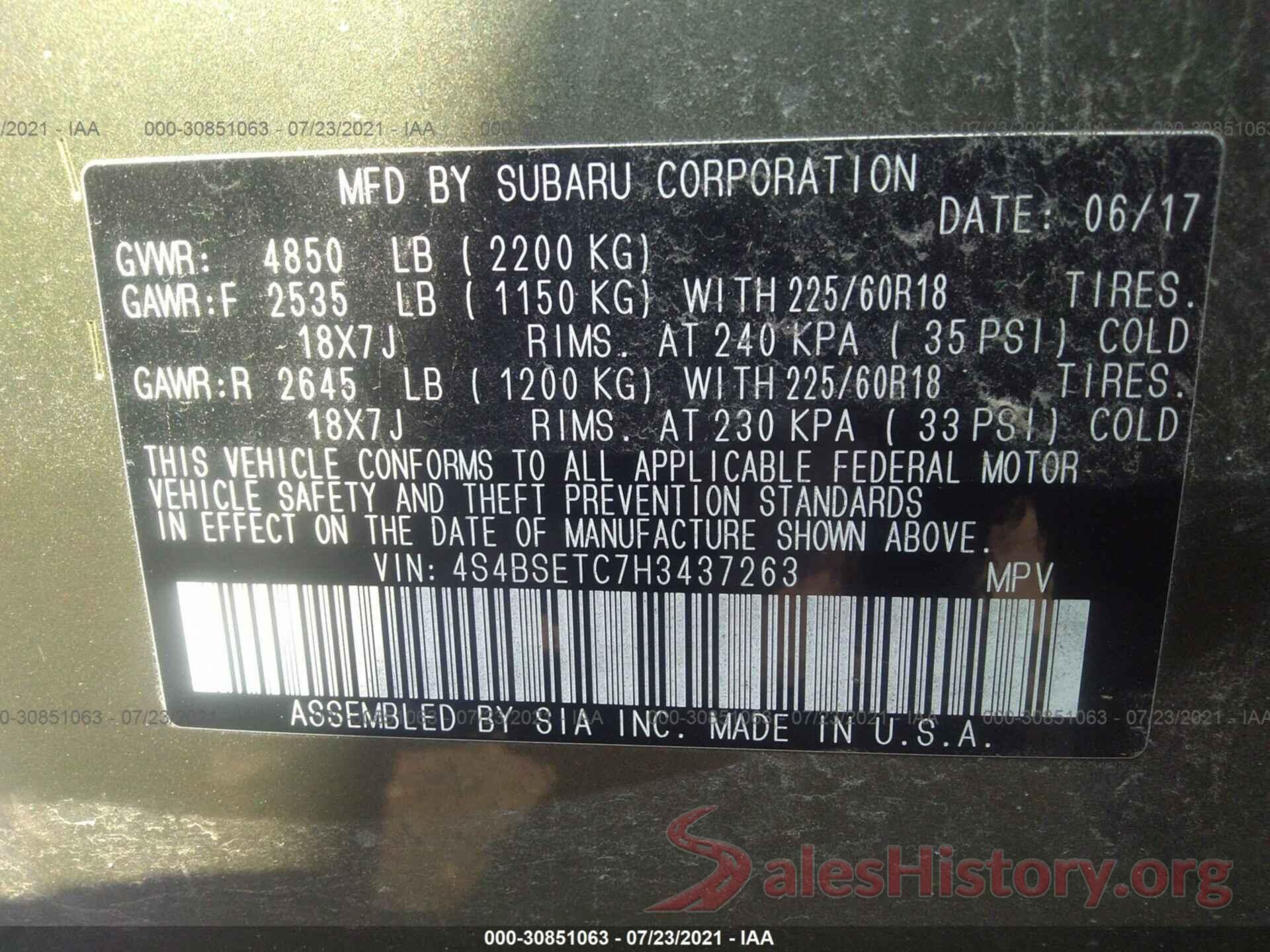 4S4BSETC7H3437263 2017 SUBARU OUTBACK