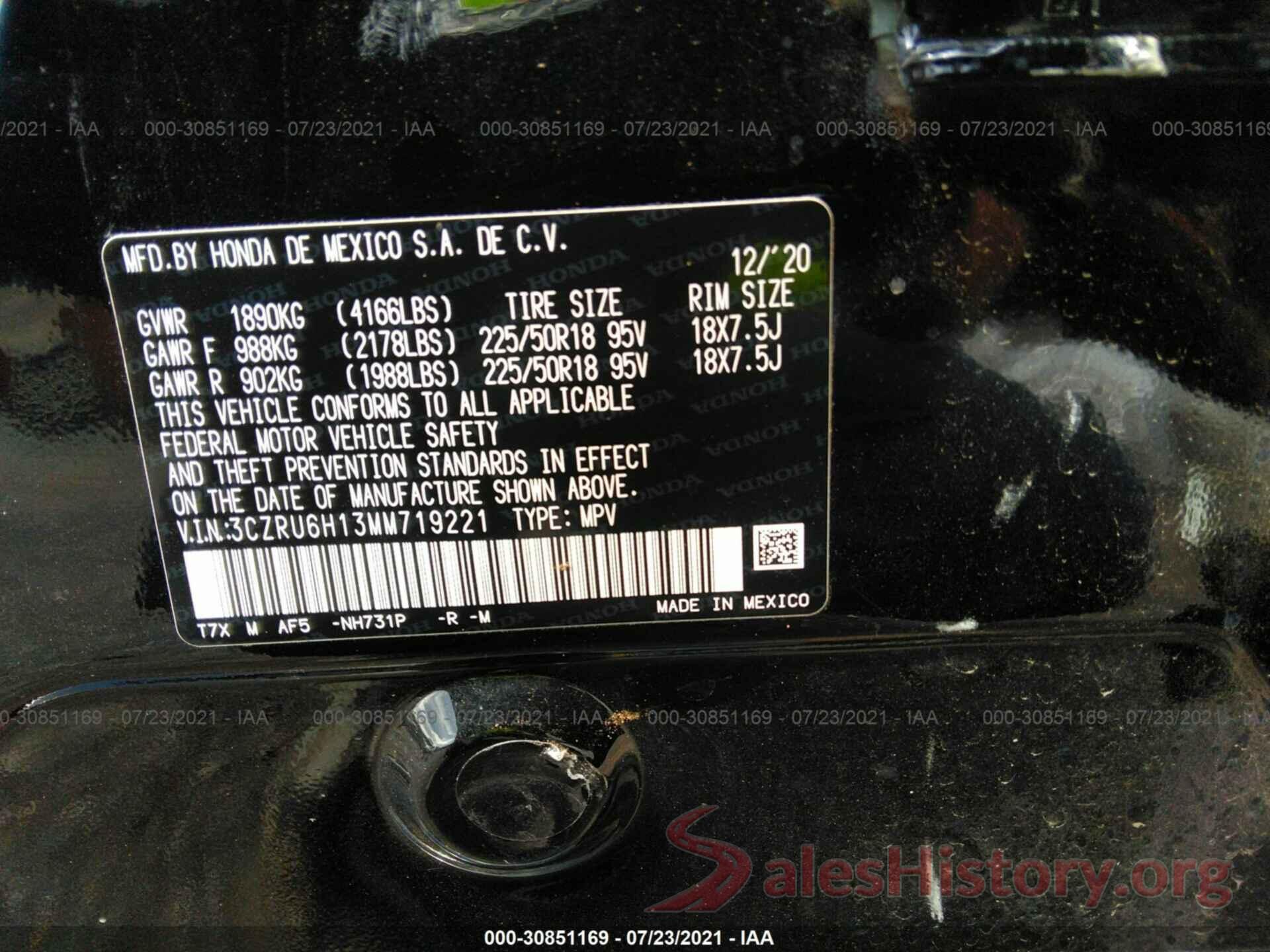 3CZRU6H13MM719221 2021 HONDA HR-V