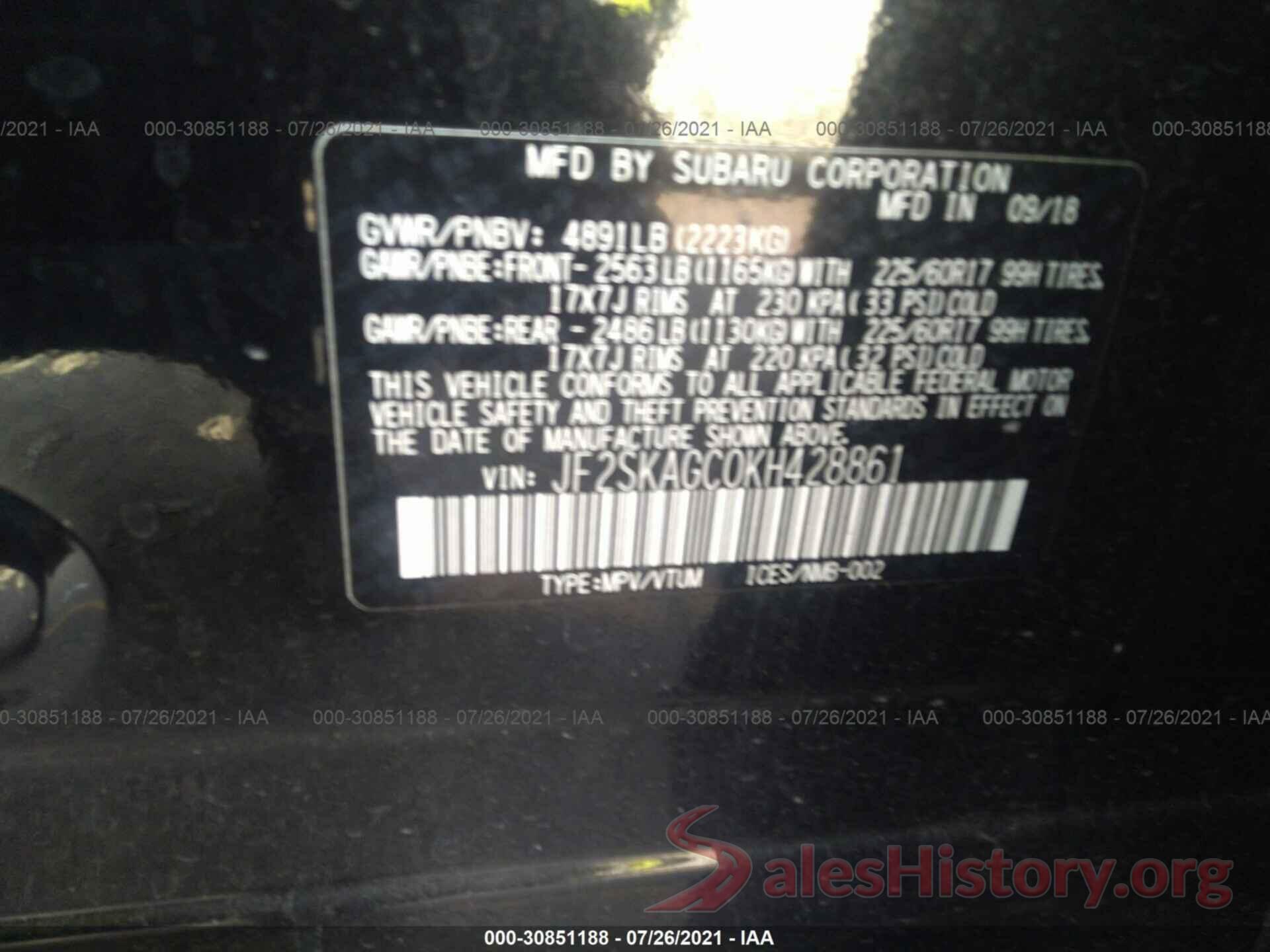 JF2SKAGC0KH428861 2019 SUBARU FORESTER