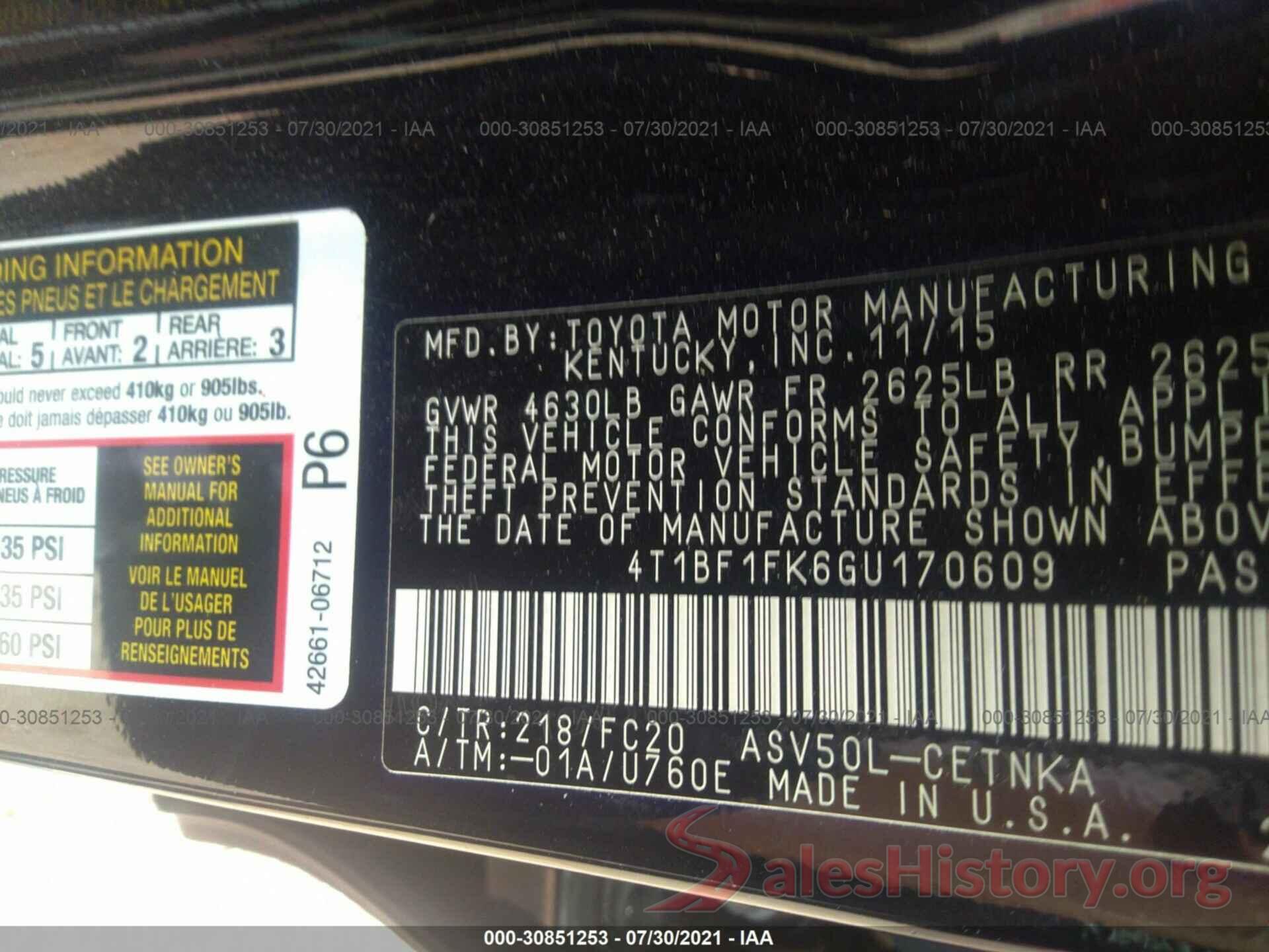 4T1BF1FK6GU170609 2016 TOYOTA CAMRY