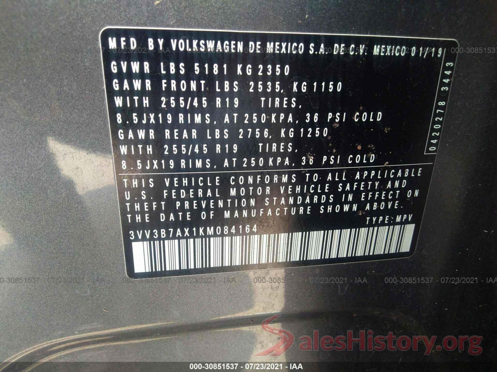 3VV3B7AX1KM084164 2019 VOLKSWAGEN TIGUAN