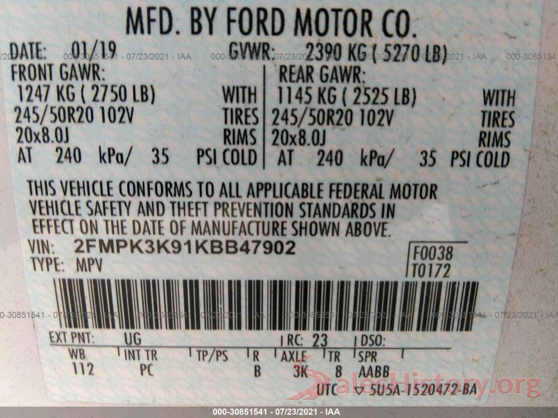 2FMPK3K91KBB47902 2019 FORD EDGE