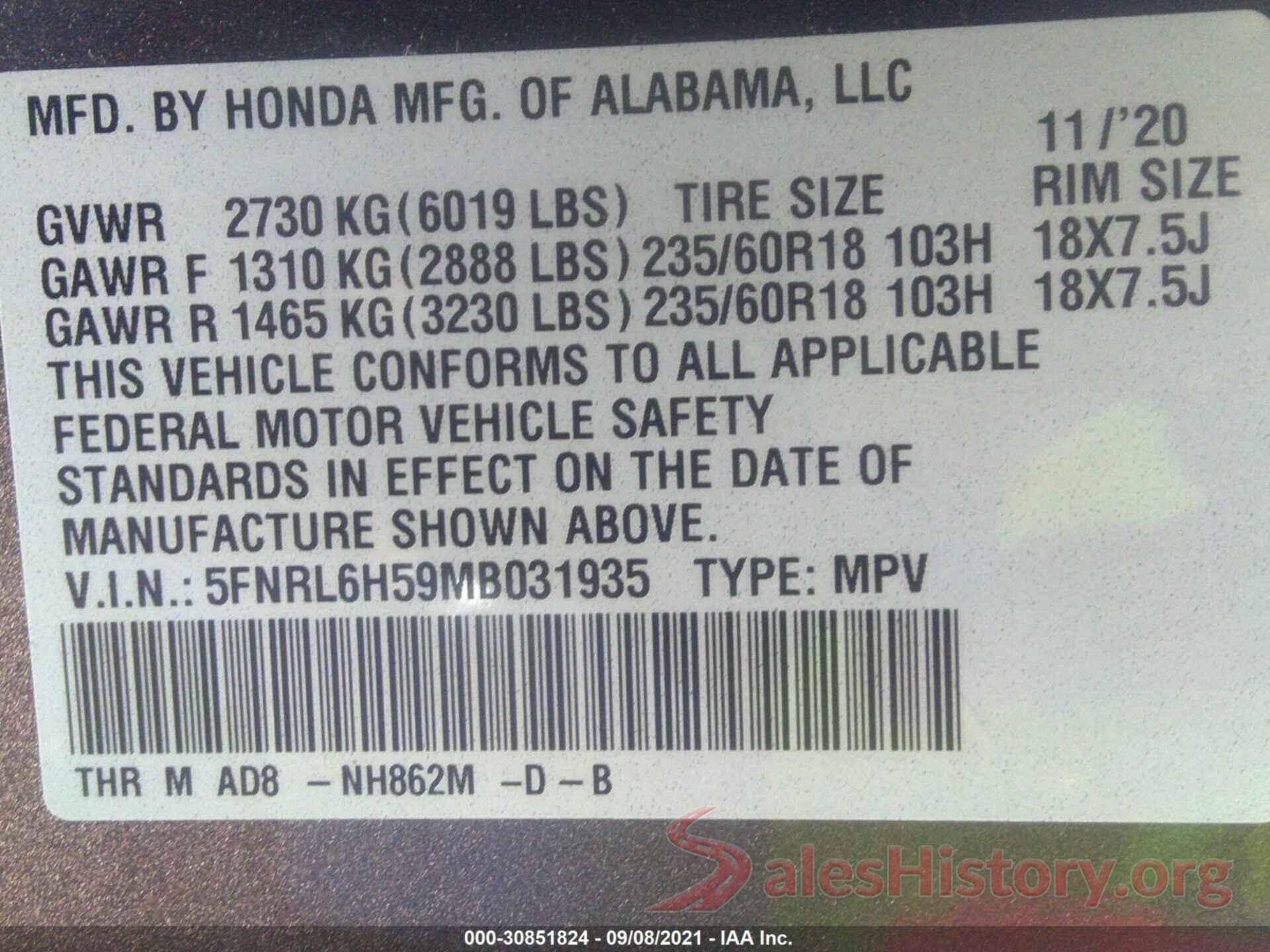 5FNRL6H59MB031935 2021 HONDA ODYSSEY