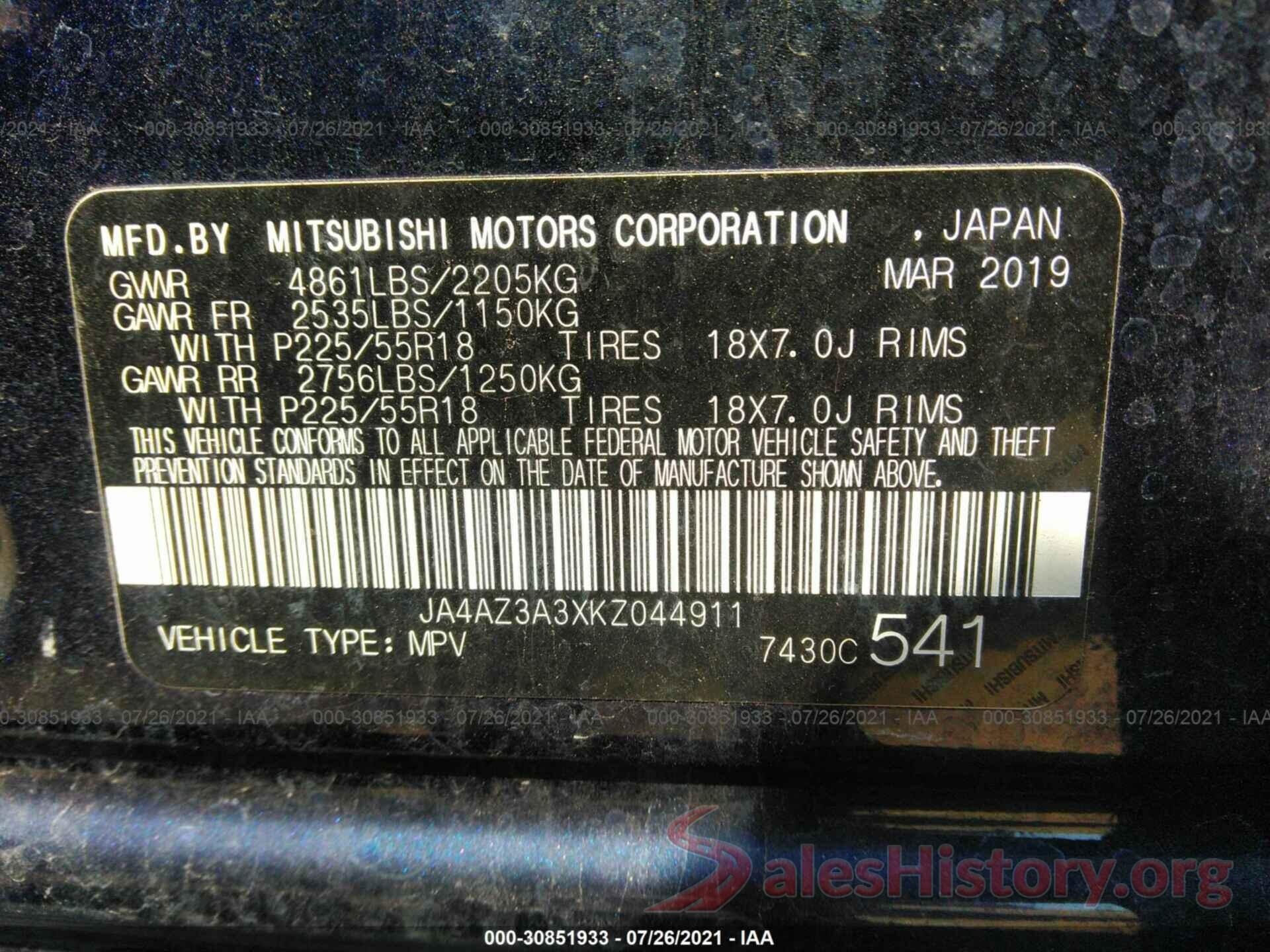 JA4AZ3A3XKZ044911 2019 MITSUBISHI OUTLANDER