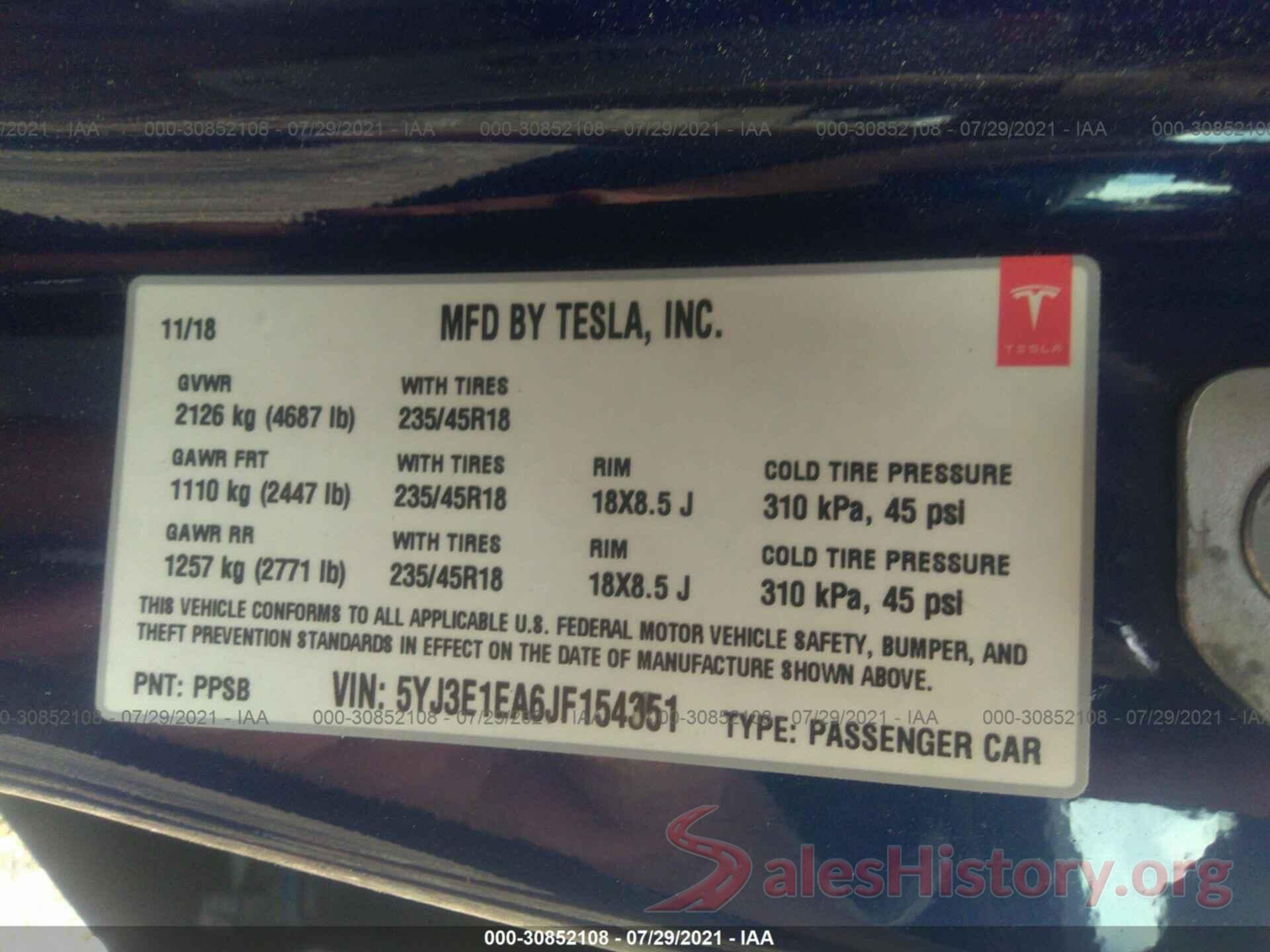 5YJ3E1EA6JF154351 2018 TESLA MODEL 3