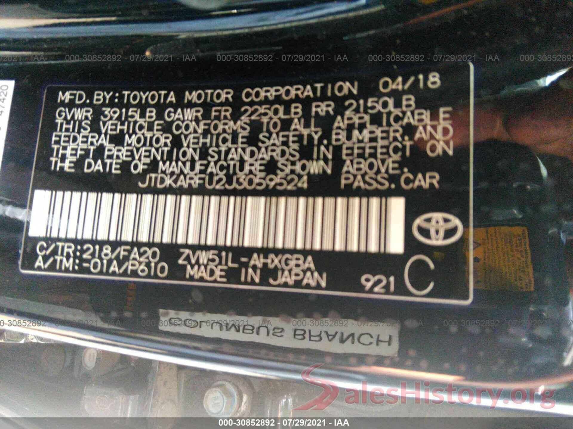 JTDKARFU2J3059524 2018 TOYOTA PRIUS