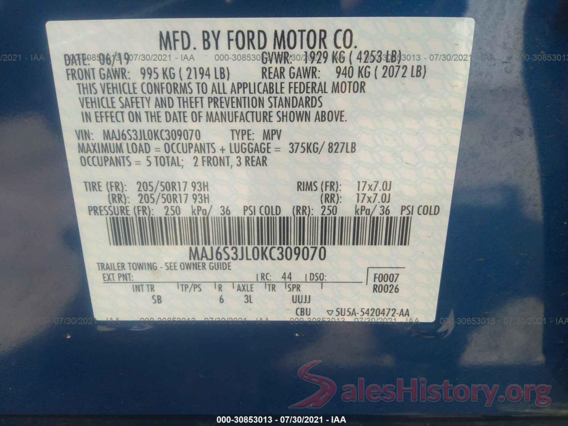 MAJ6S3JL0KC309070 2019 FORD ECOSPORT