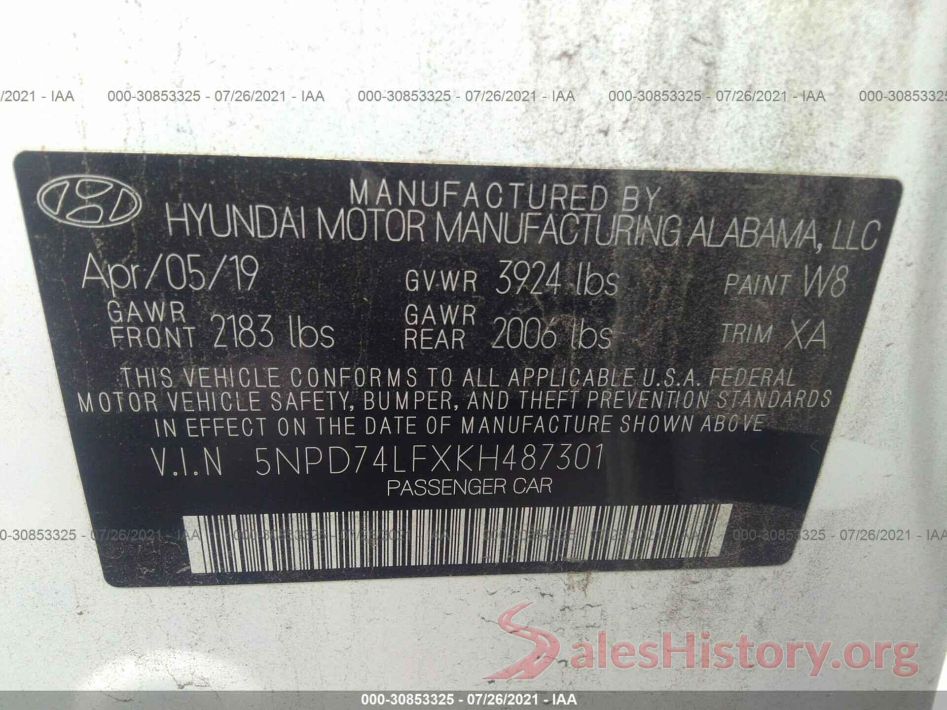 5NPD74LFXKH487301 2019 HYUNDAI ELANTRA