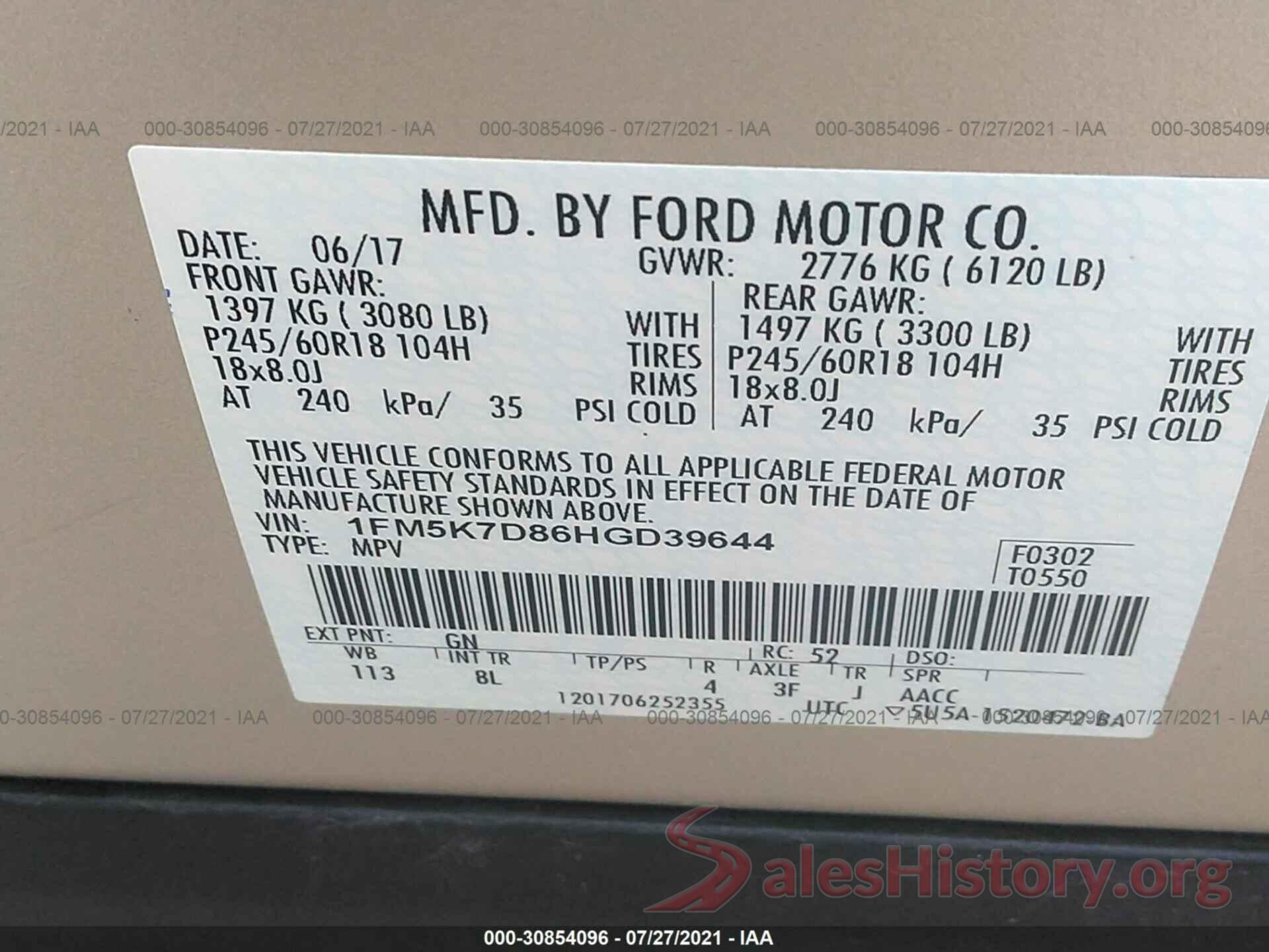 1FM5K7D86HGD39644 2017 FORD EXPLORER