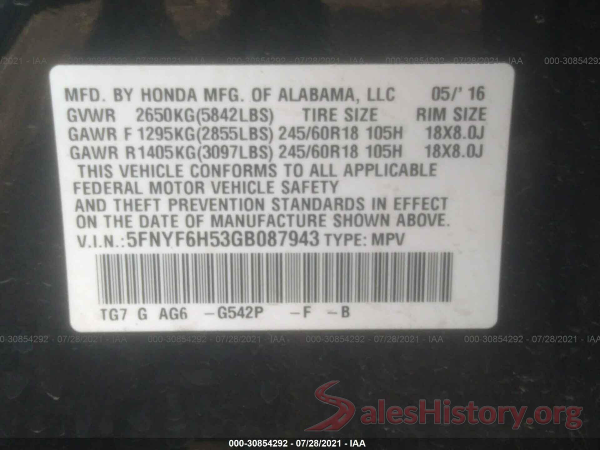 5FNYF6H53GB087943 2016 HONDA PILOT