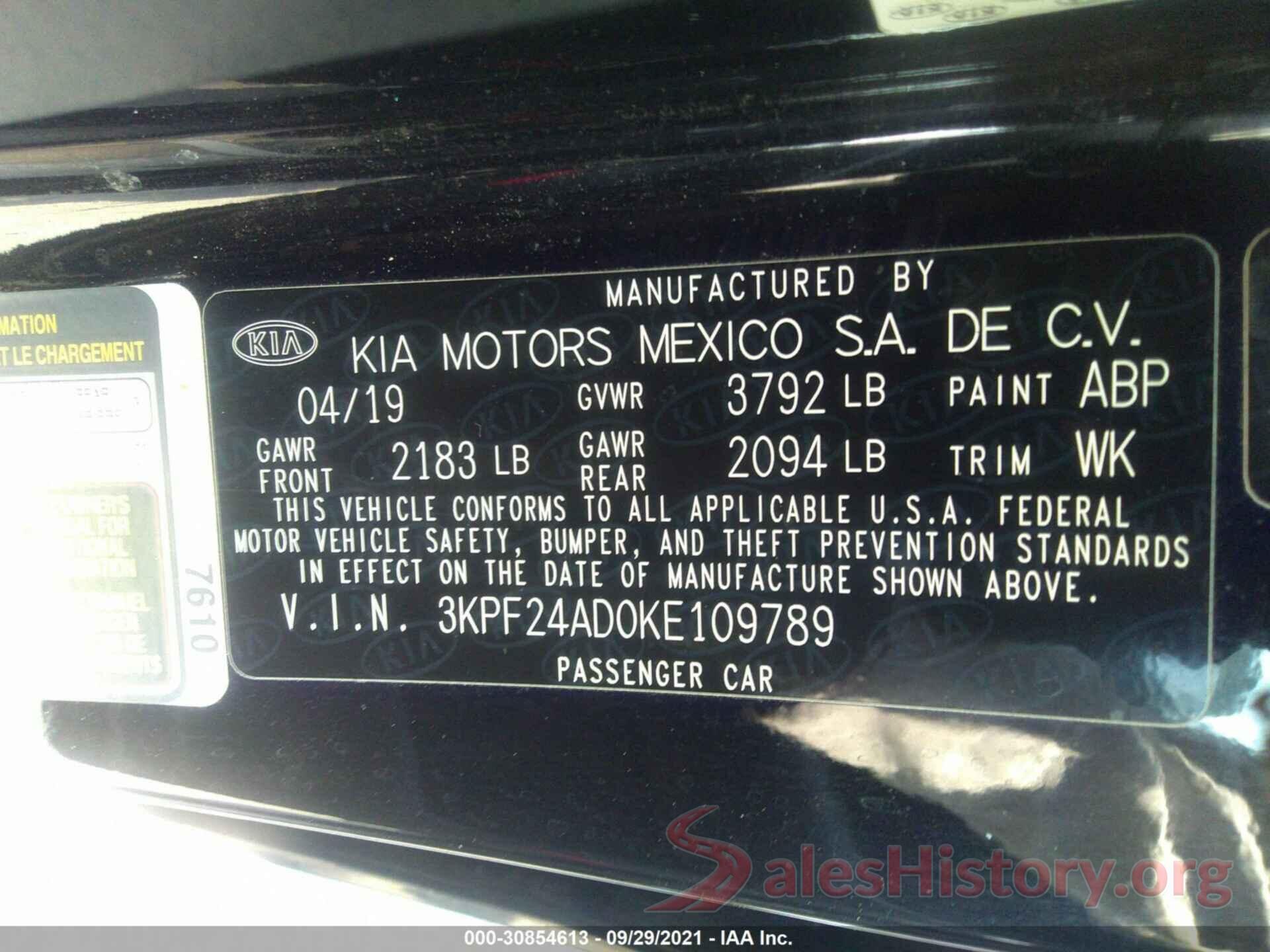 3KPF24AD0KE109789 2019 KIA FORTE