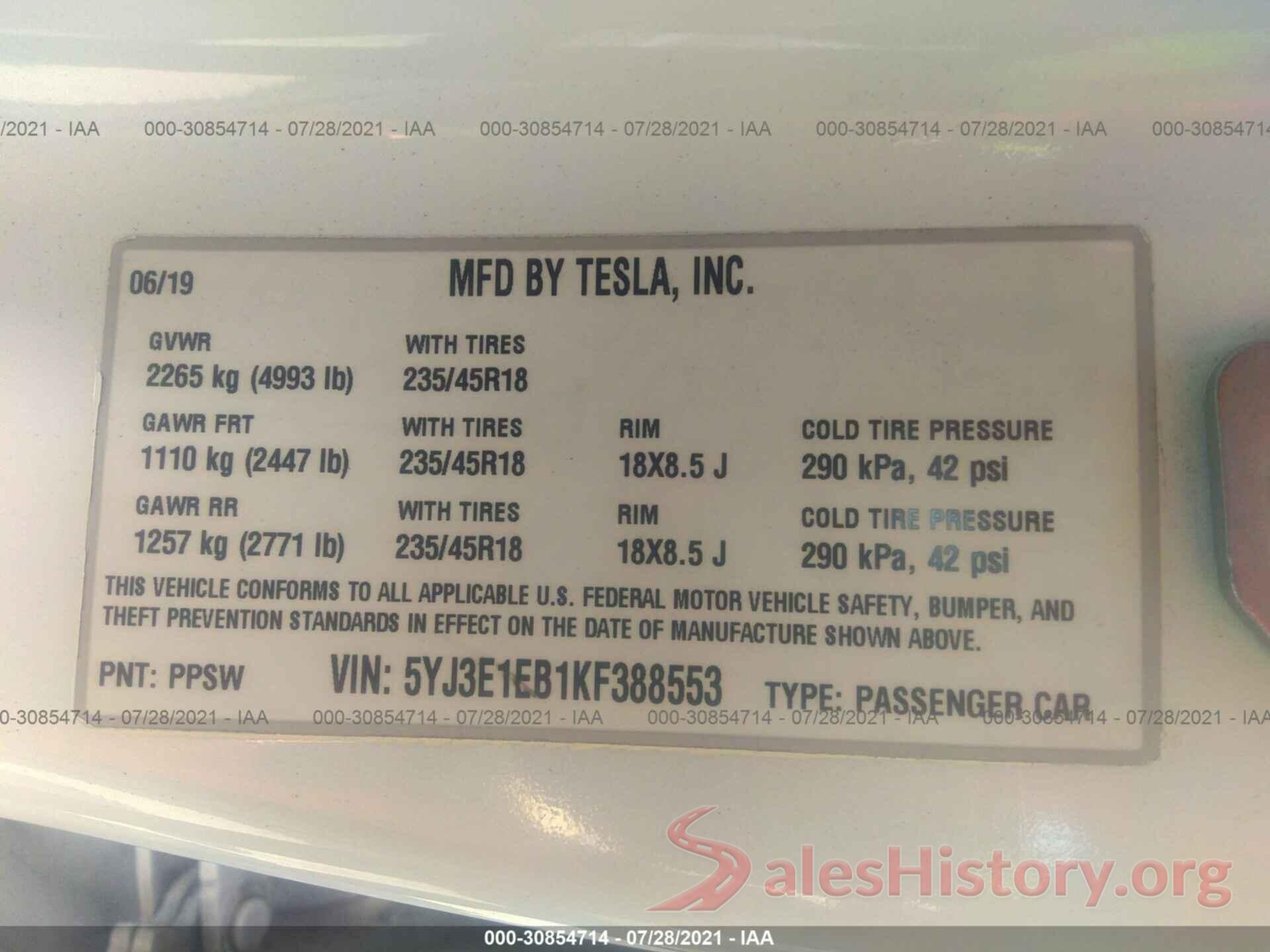 5YJ3E1EB1KF388553 2019 TESLA MODEL 3