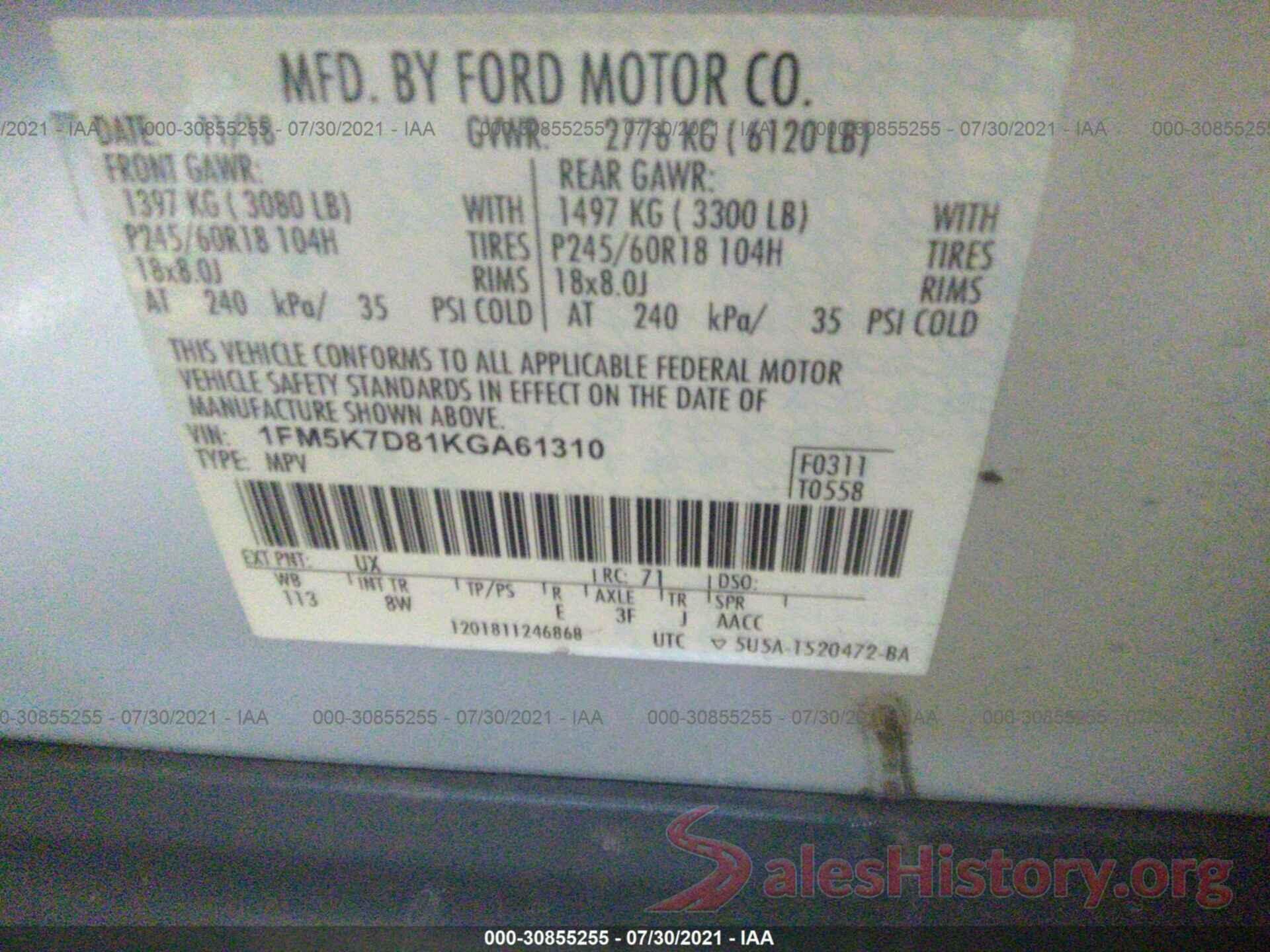 1FM5K7D81KGA61310 2019 FORD EXPLORER