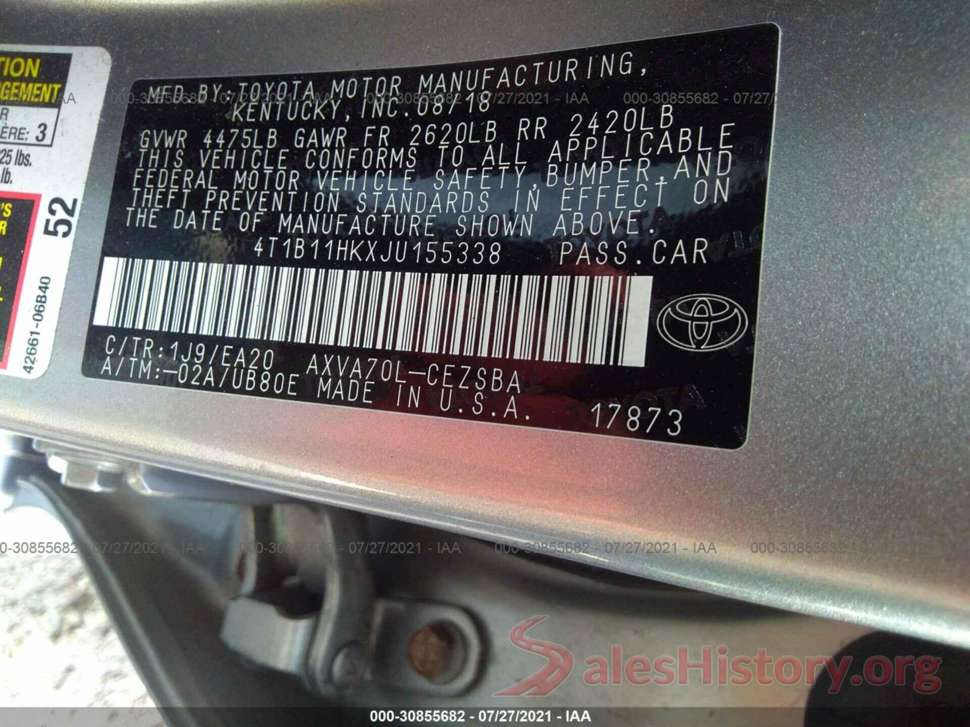 4T1B11HKXJU155338 2018 TOYOTA CAMRY