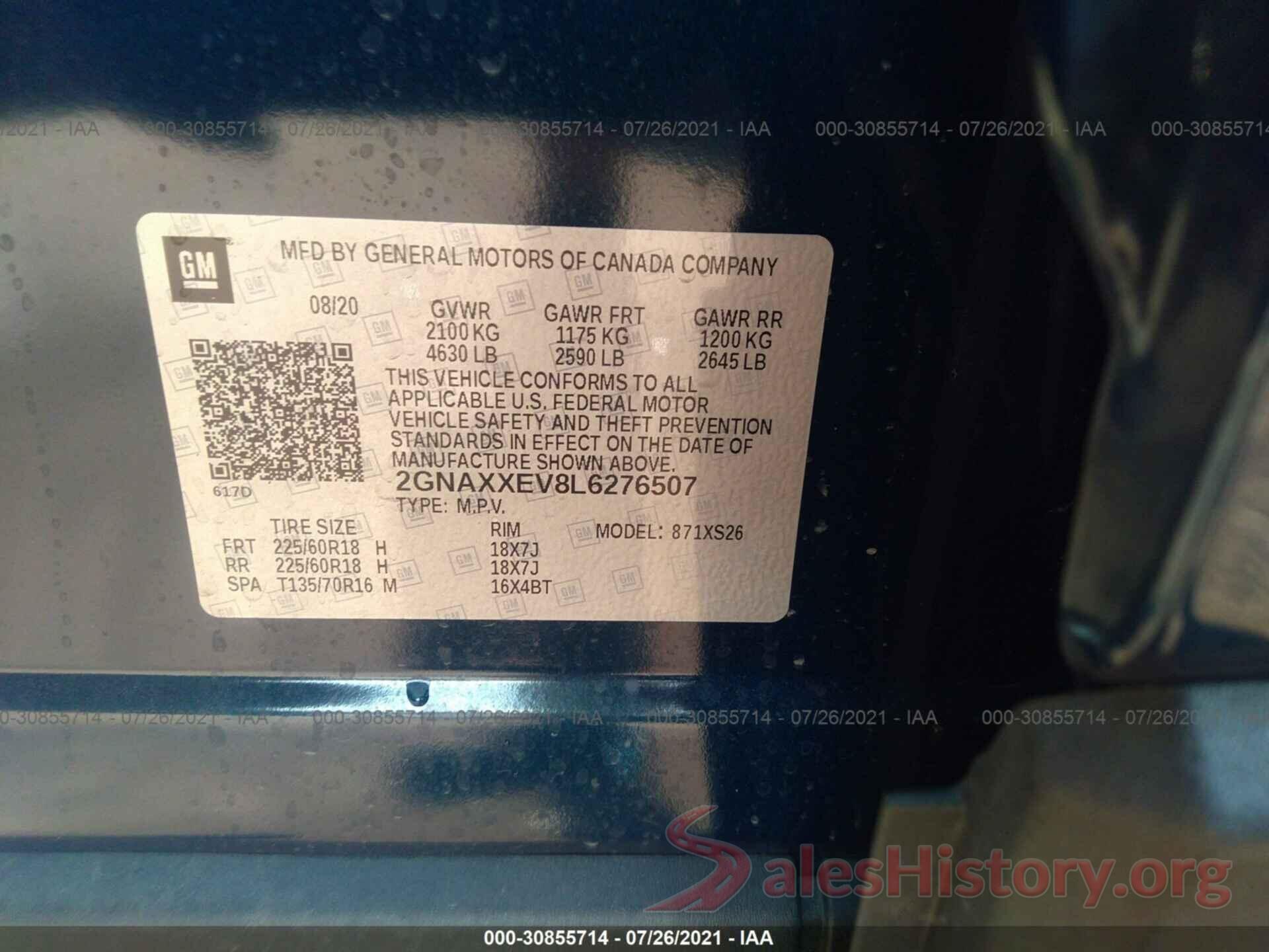 2GNAXXEV8L6276507 2020 CHEVROLET EQUINOX