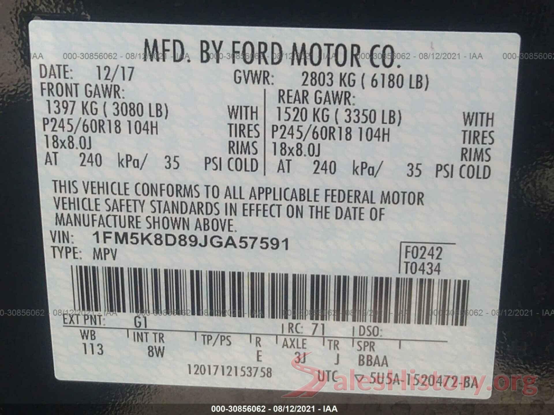 1FM5K8D89JGA57591 2018 FORD EXPLORER