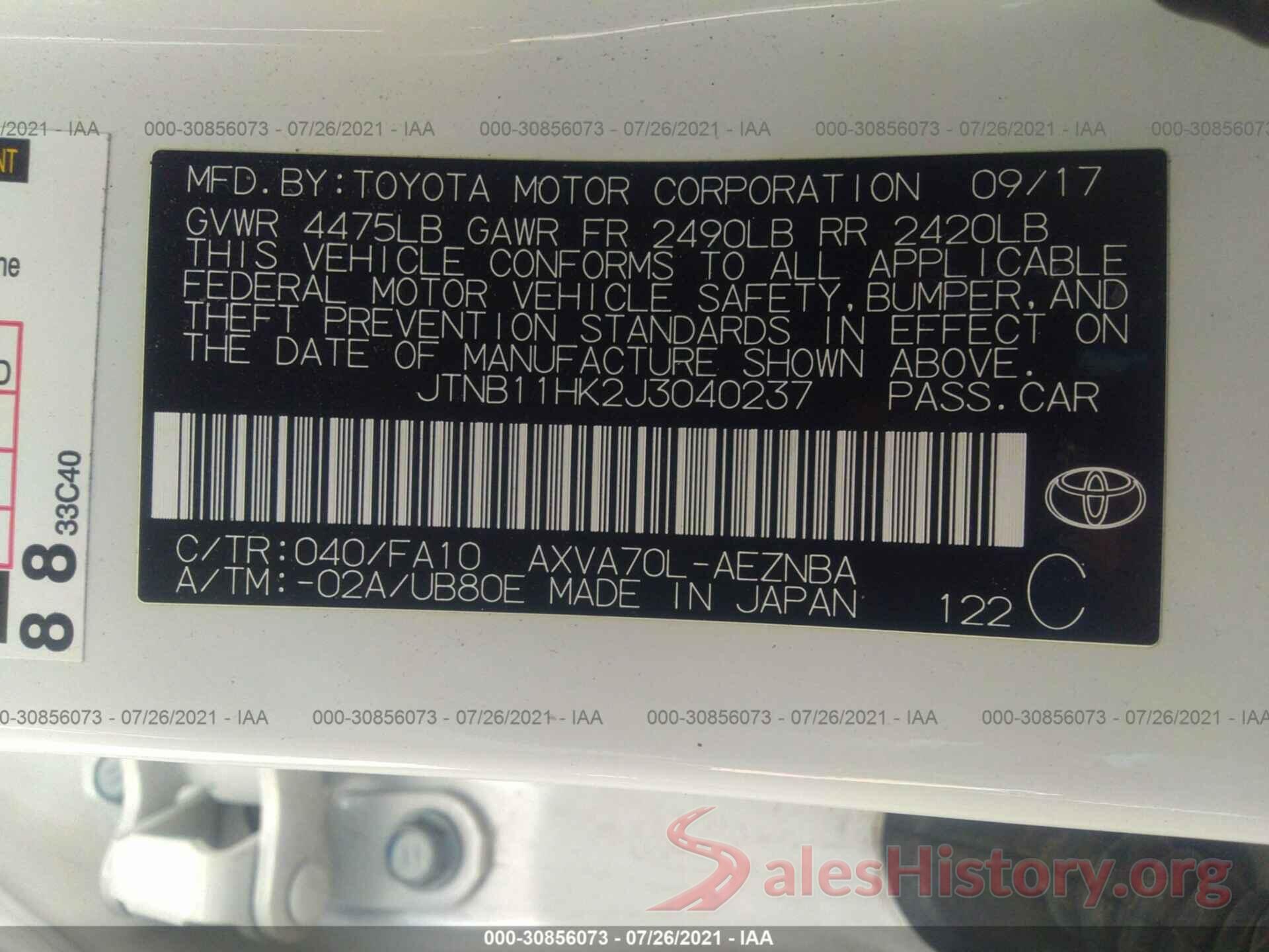 JTNB11HK2J3040237 2018 TOYOTA CAMRY