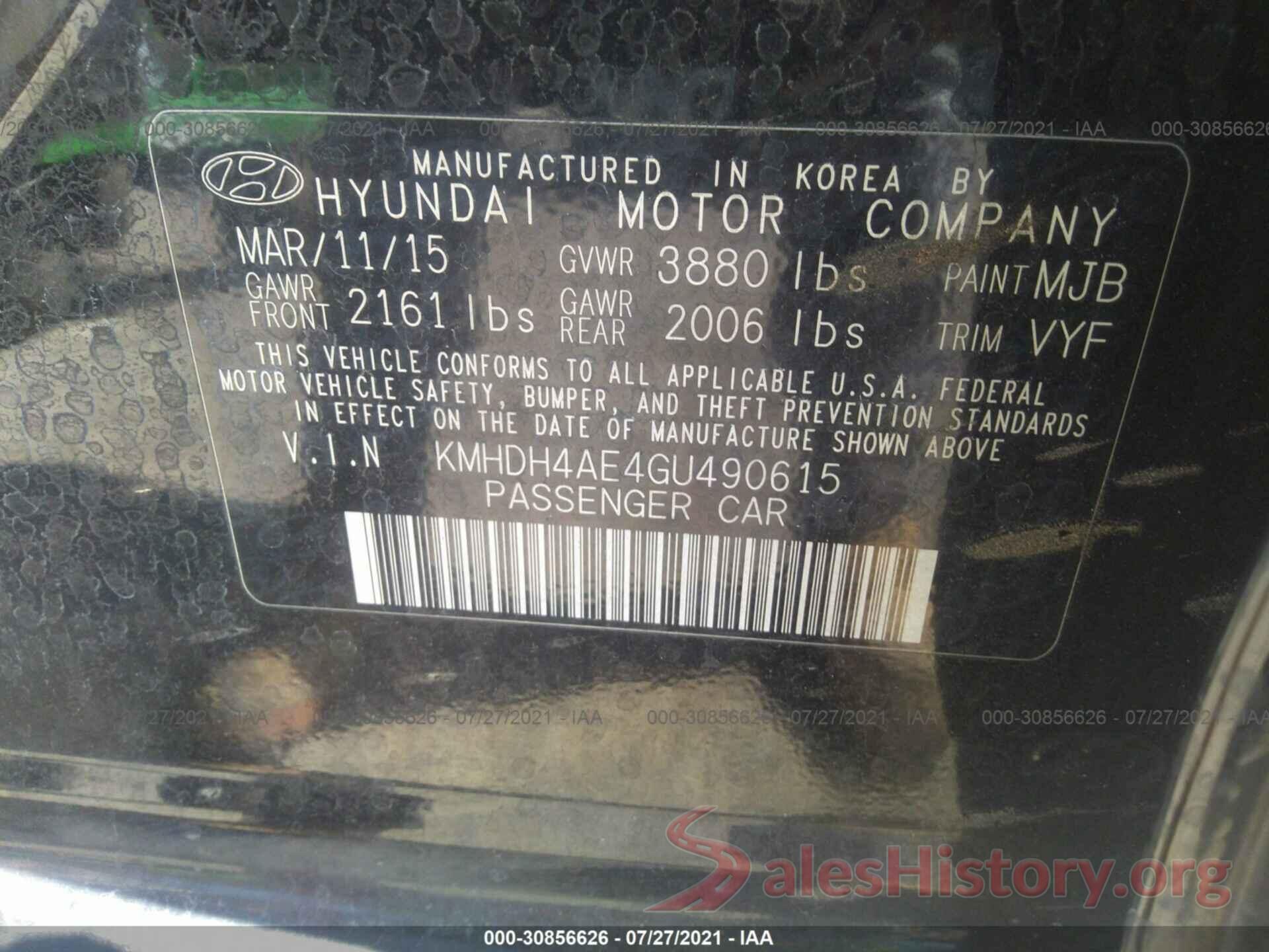 KMHDH4AE4GU490615 2016 HYUNDAI ELANTRA