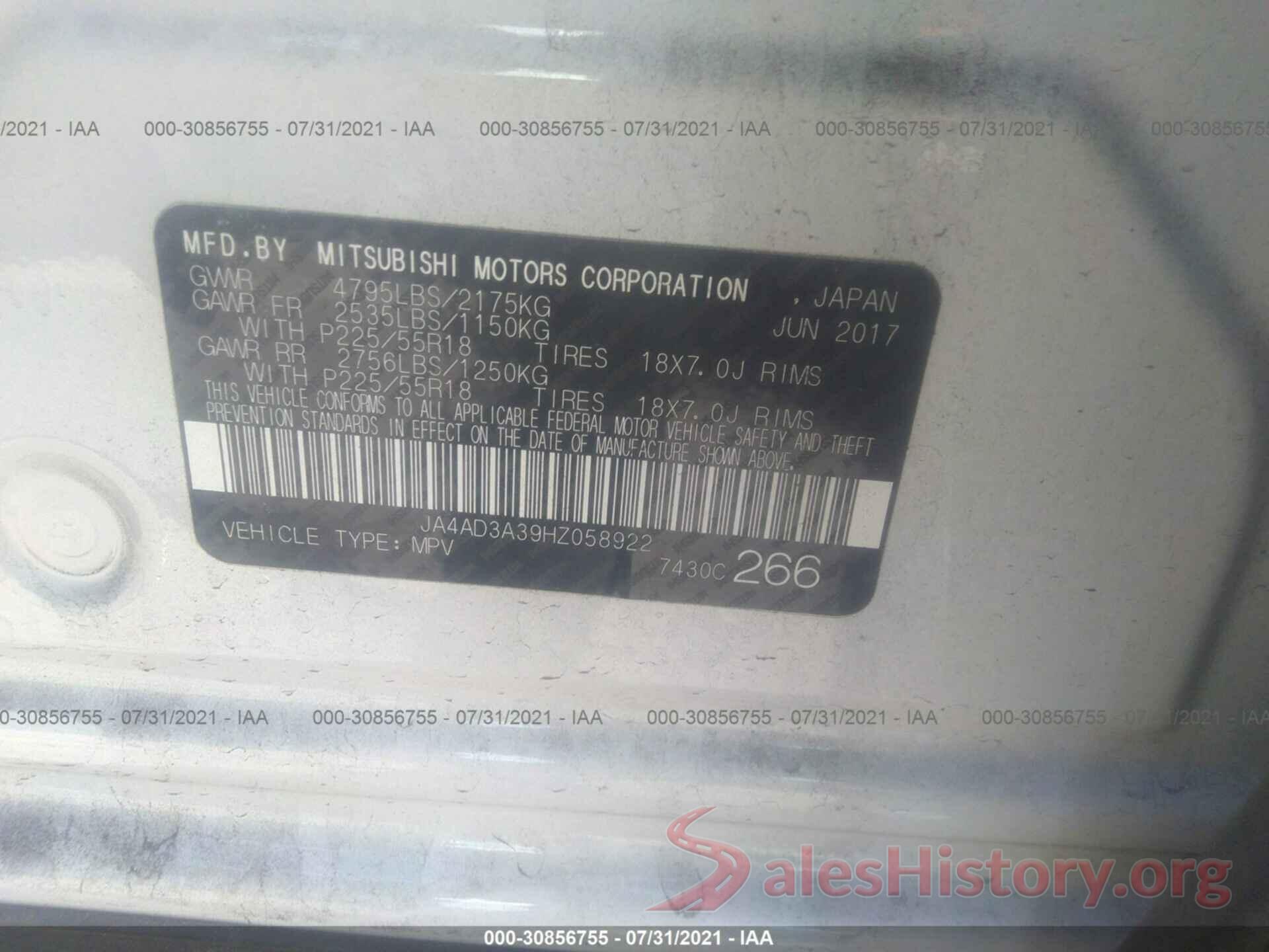 JA4AD3A39HZ058922 2017 MITSUBISHI OUTLANDER