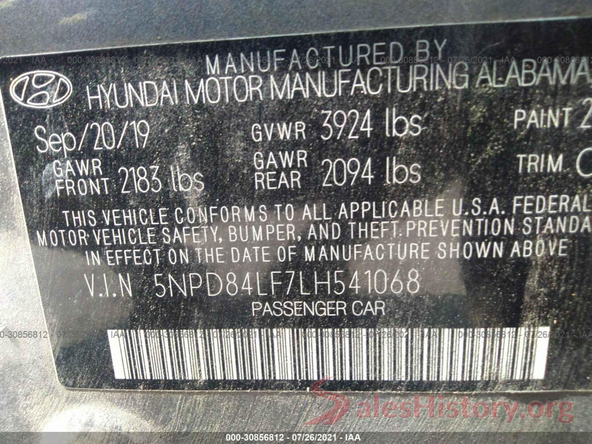 5NPD84LF7LH541068 2020 HYUNDAI ELANTRA