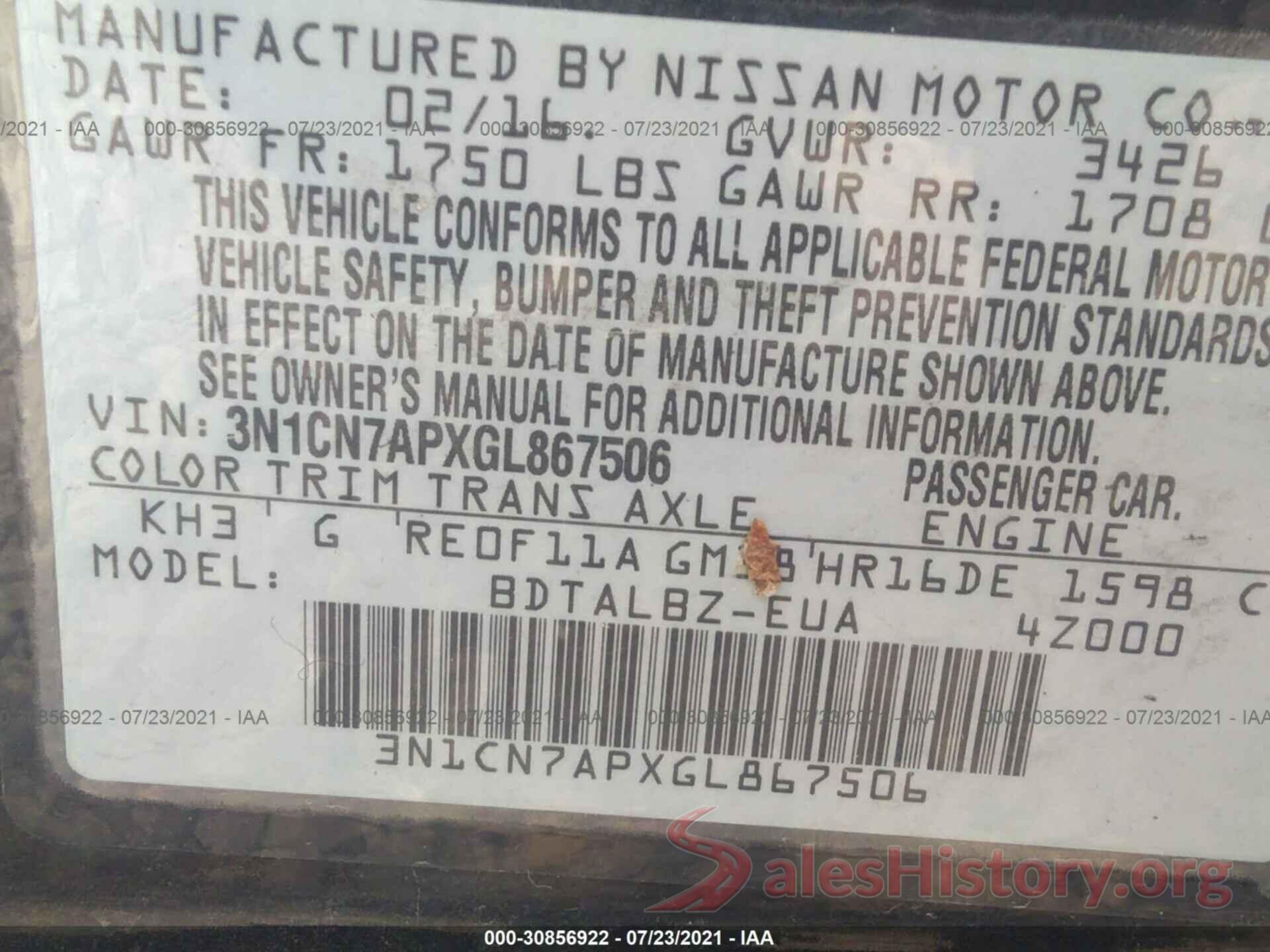 3N1CN7APXGL867506 2016 NISSAN VERSA