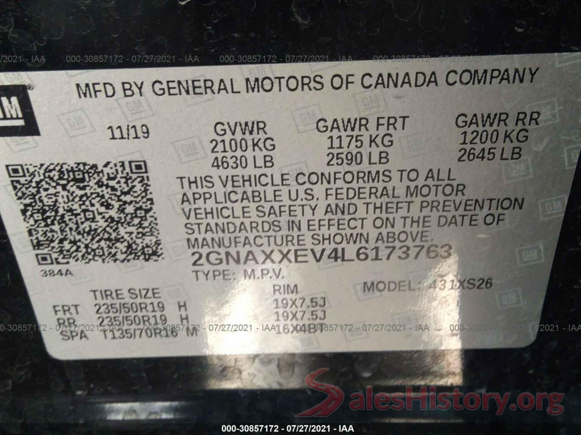 2GNAXXEV4L6173763 2020 CHEVROLET EQUINOX